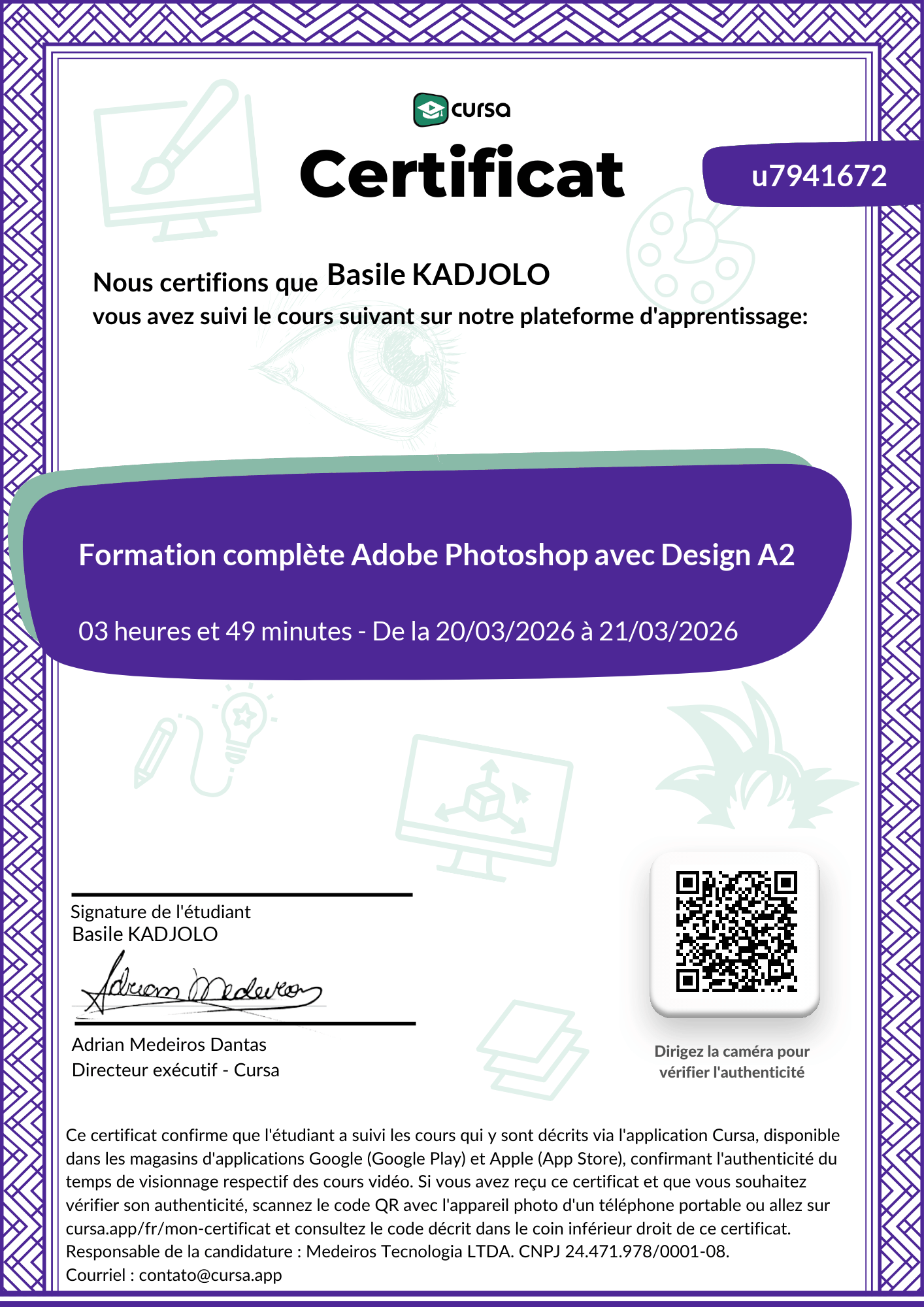 Image de mon certificat de fin de cours gratuit.