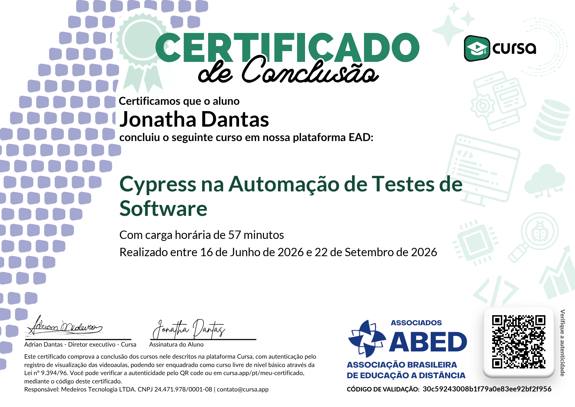 Imagem do meu Certificado gratuito de conclusão de curso.