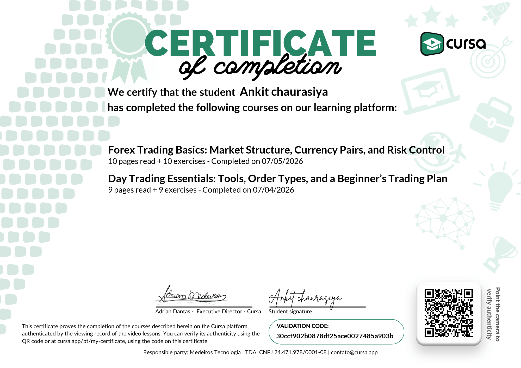 Image of my free Course Completion Certificate.
