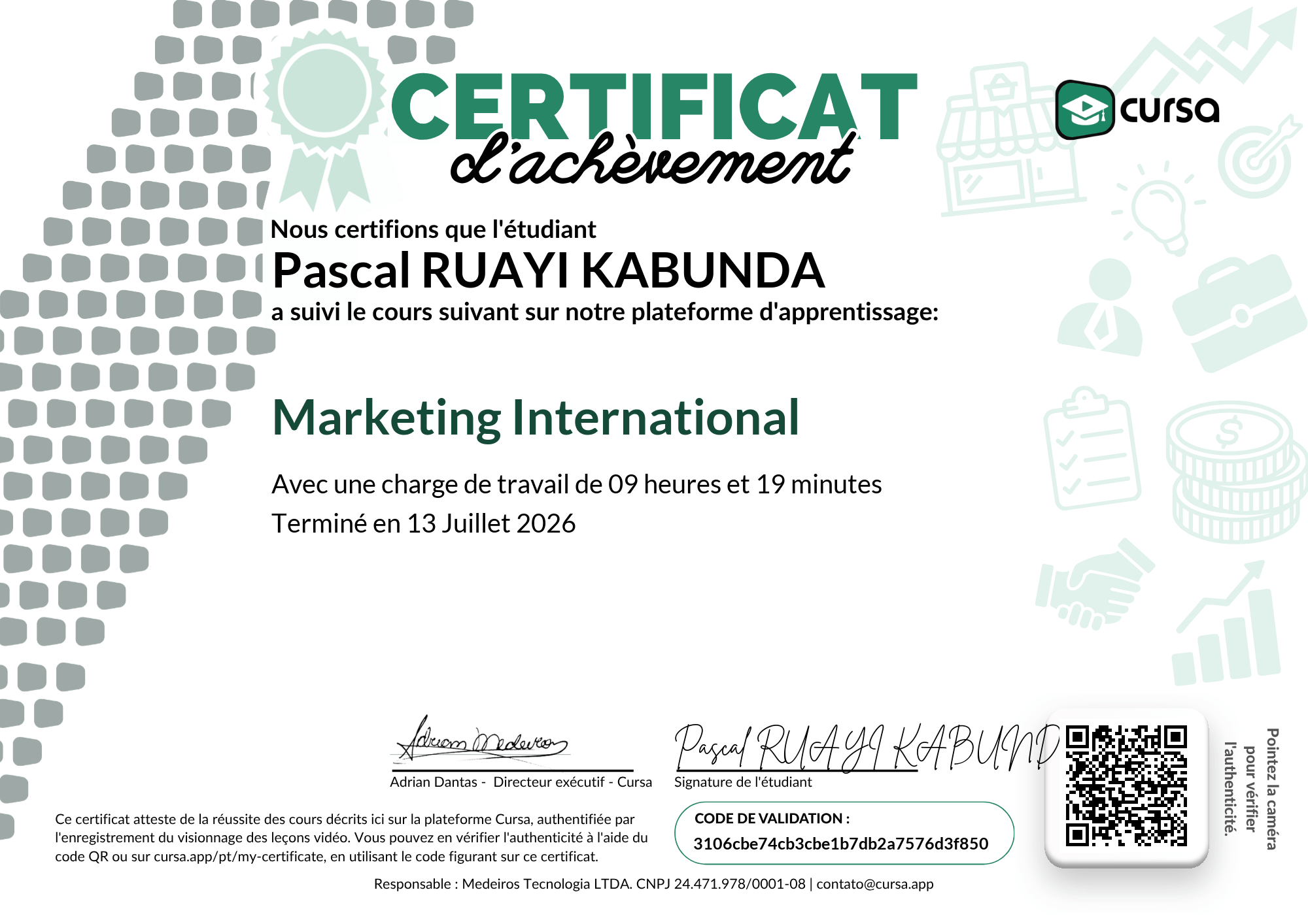 Image de mon certificat de fin de cours gratuit.