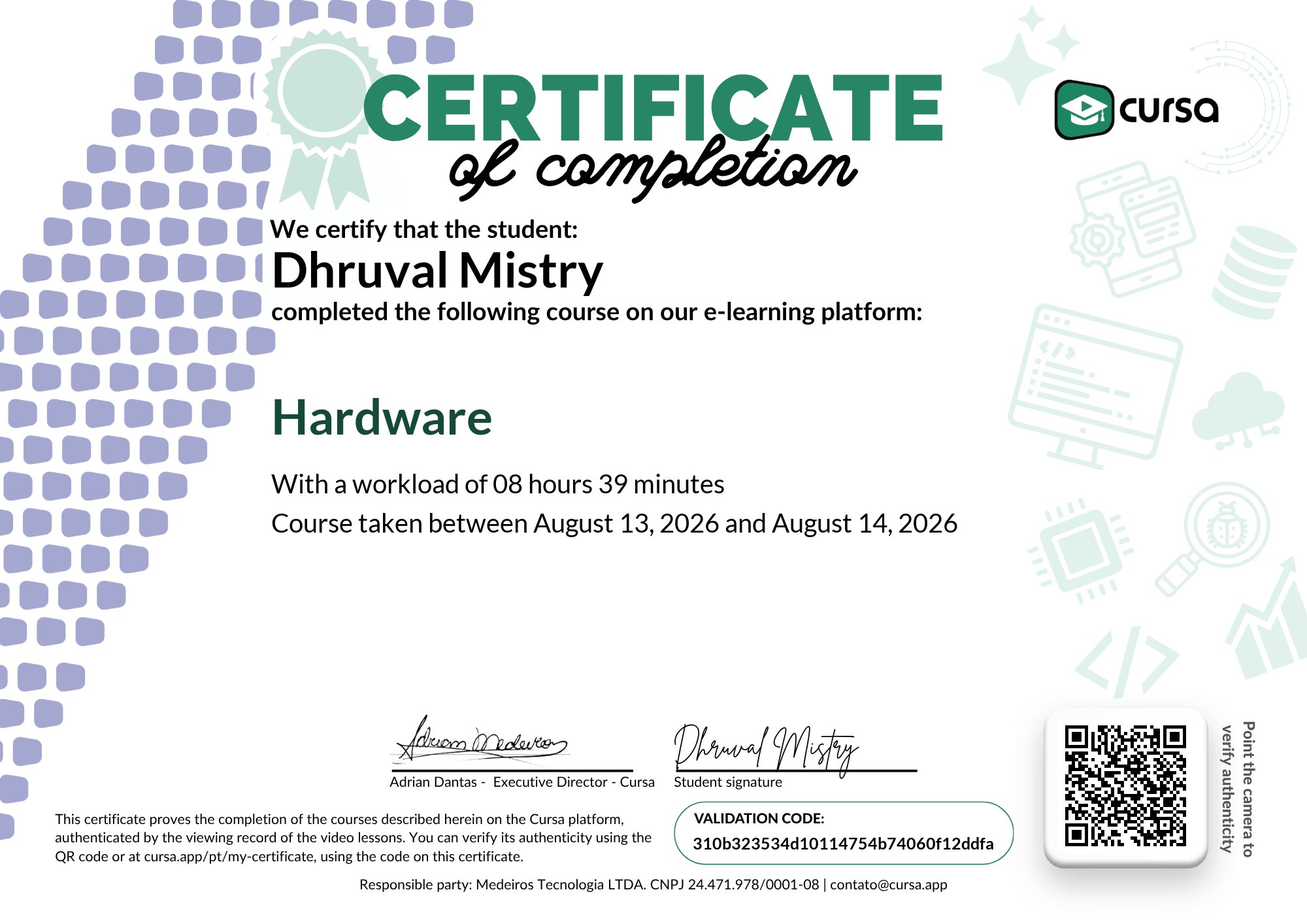 Image of my free Course Completion Certificate.
