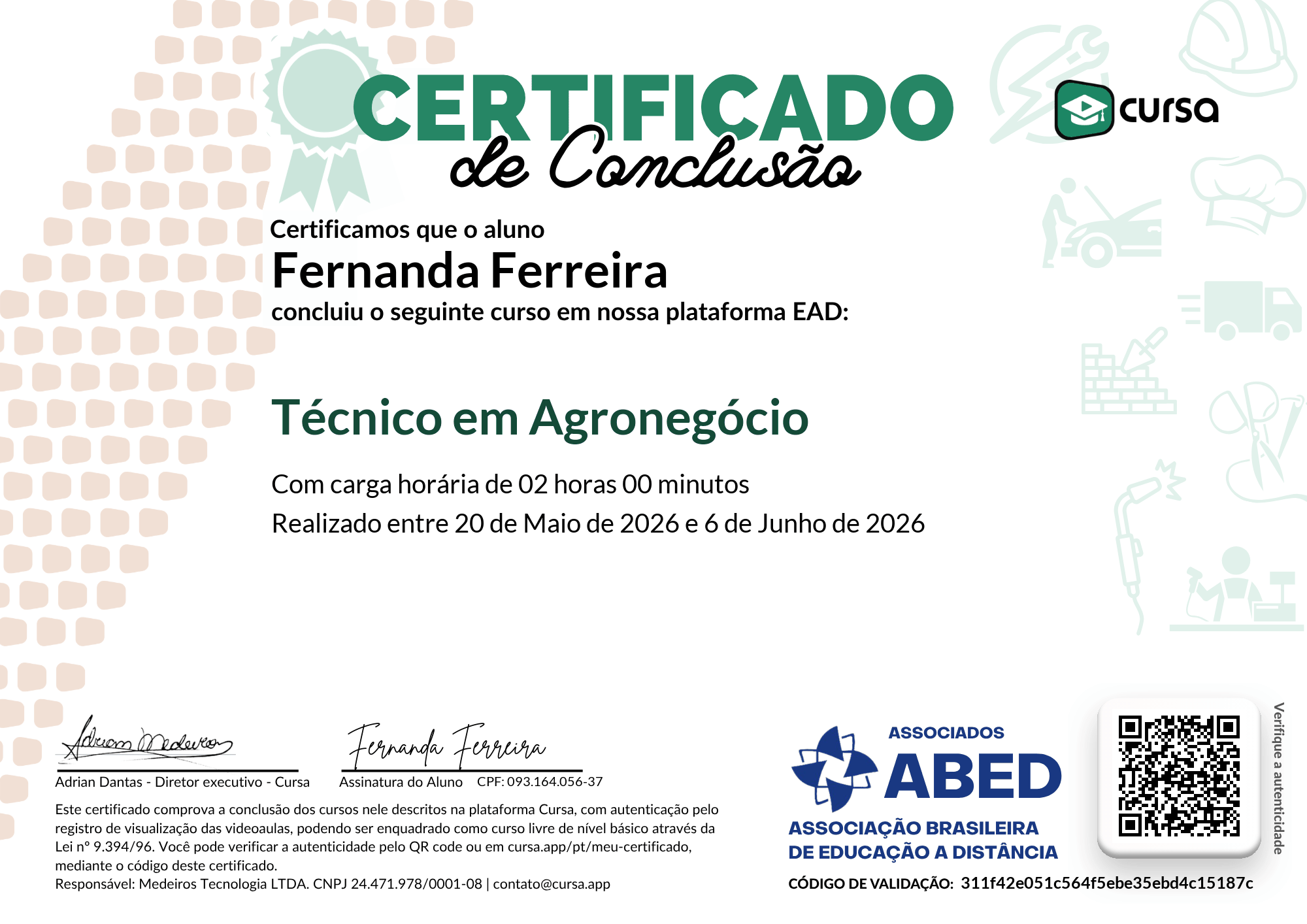 Imagem do meu Certificado gratuito de conclusão de curso.