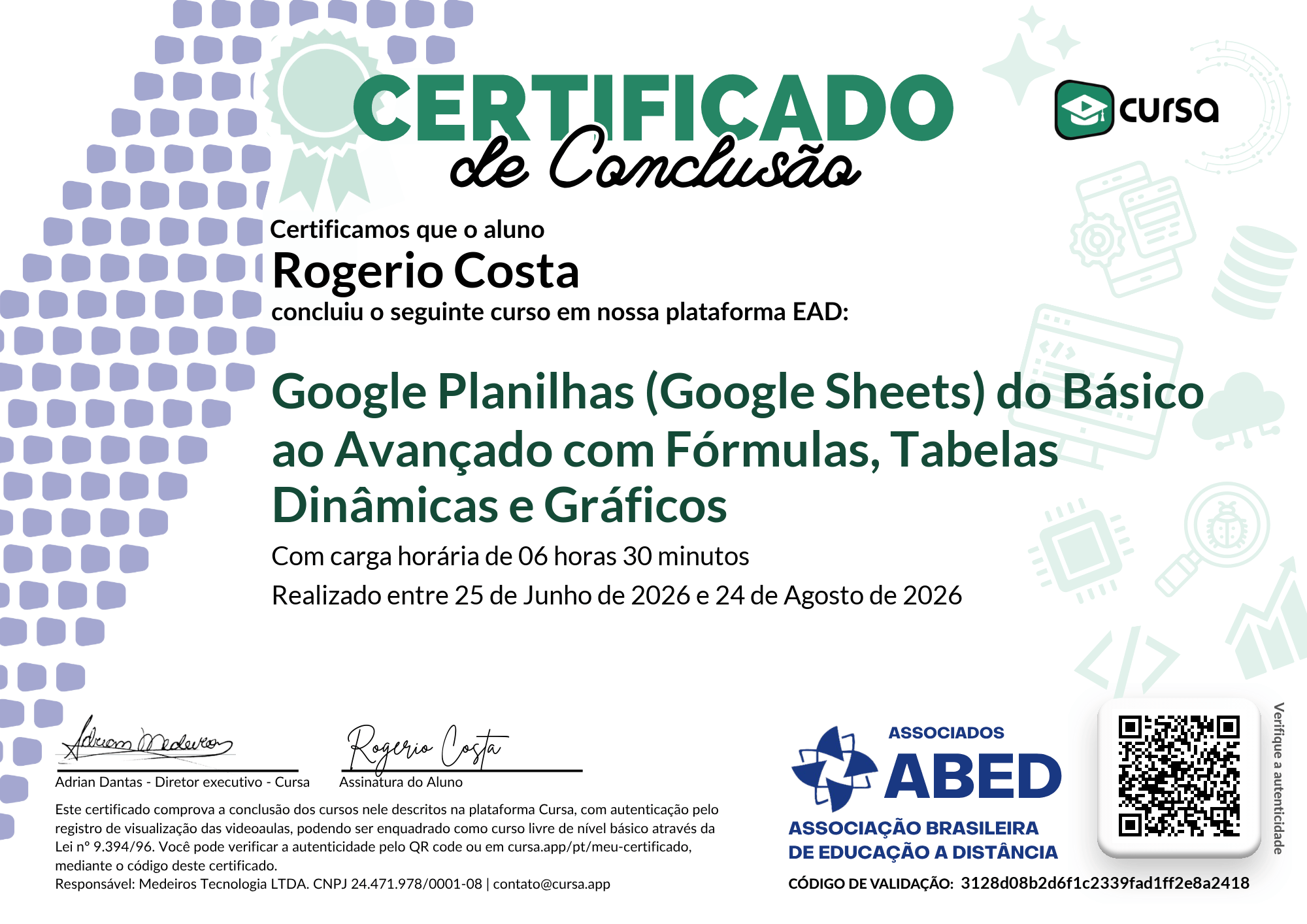 Imagem do meu Certificado gratuito de conclusão de curso.