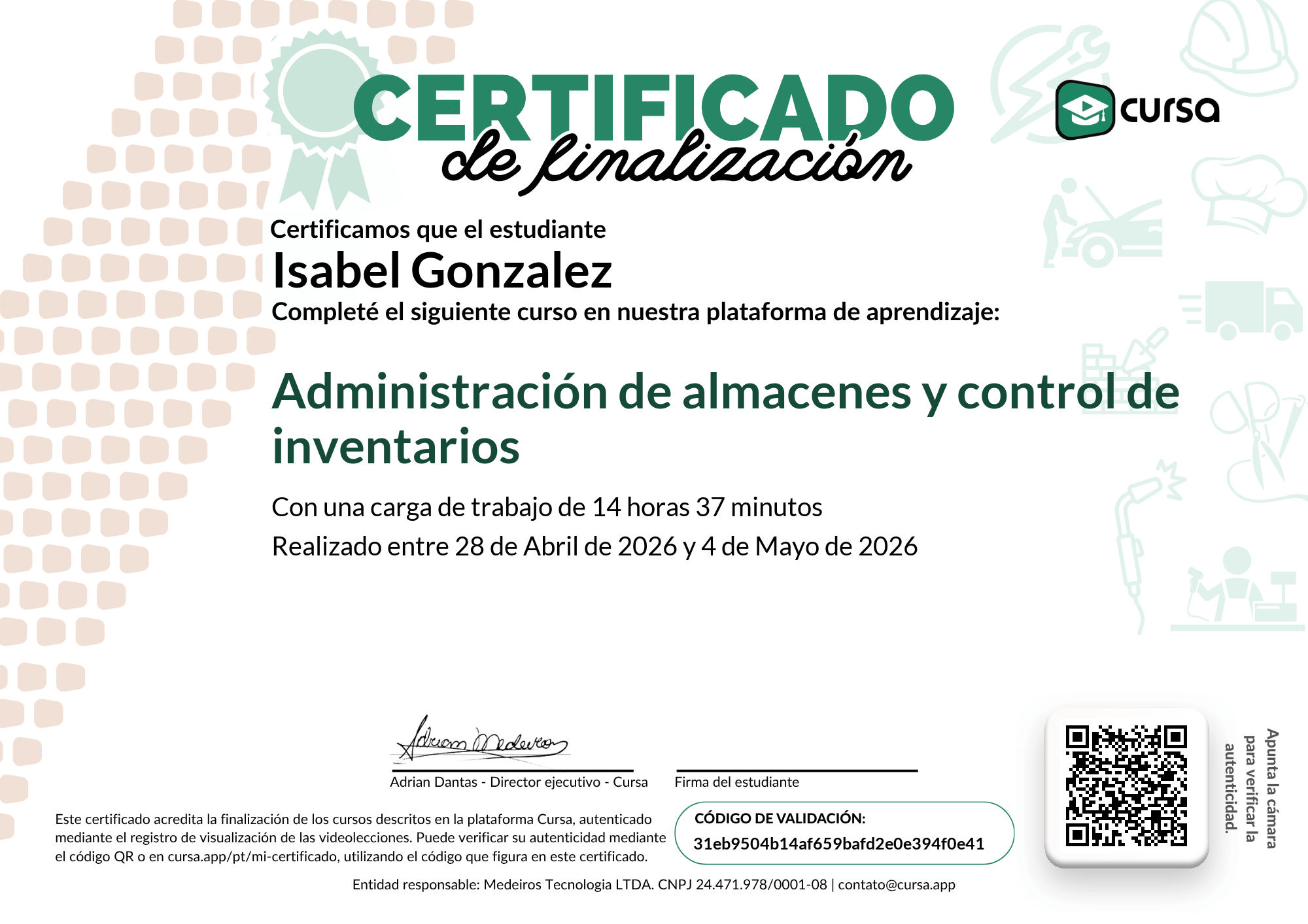 Imagen de mi Certificado de finalización del curso gratuito.