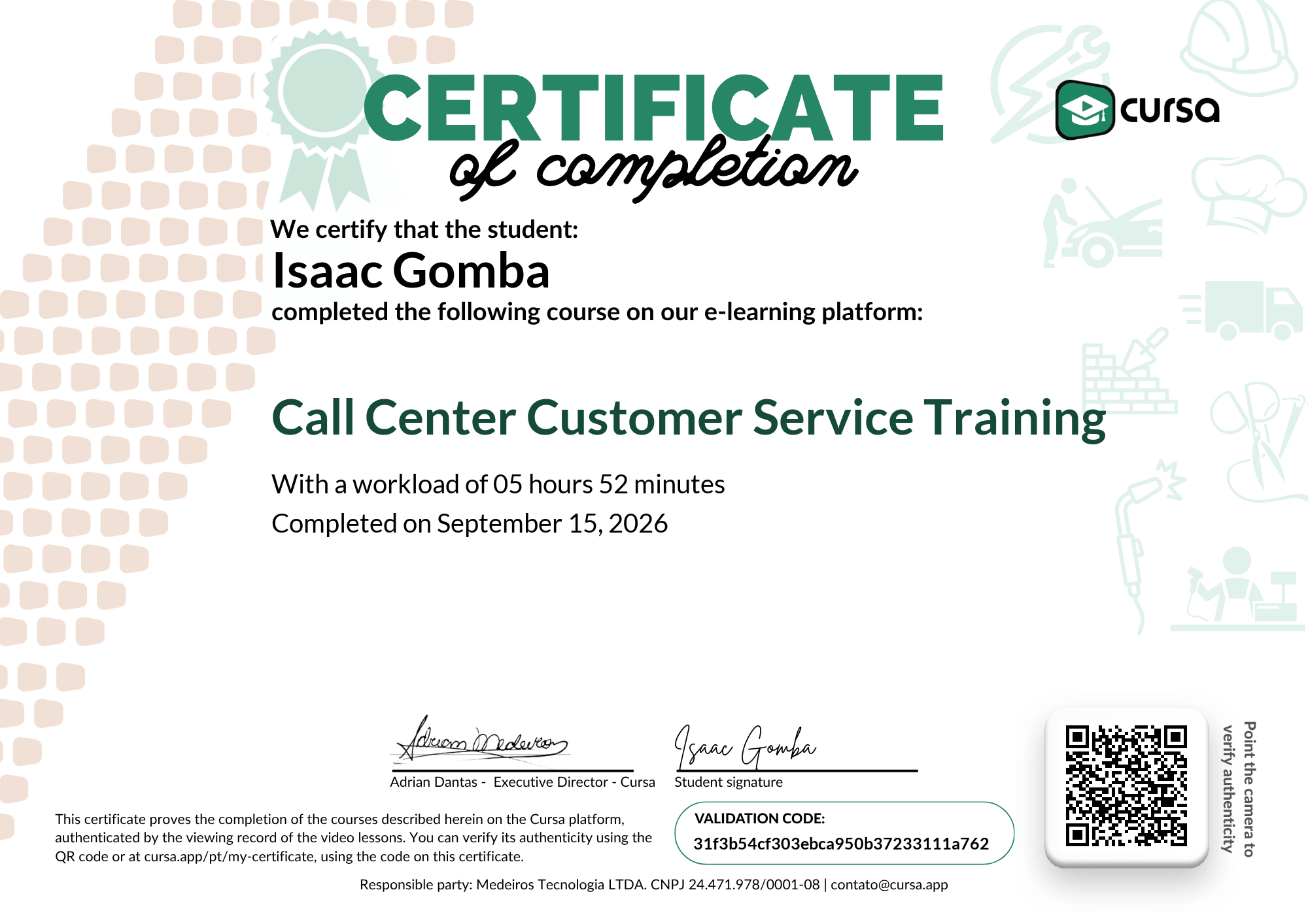 Image of my free Course Completion Certificate.