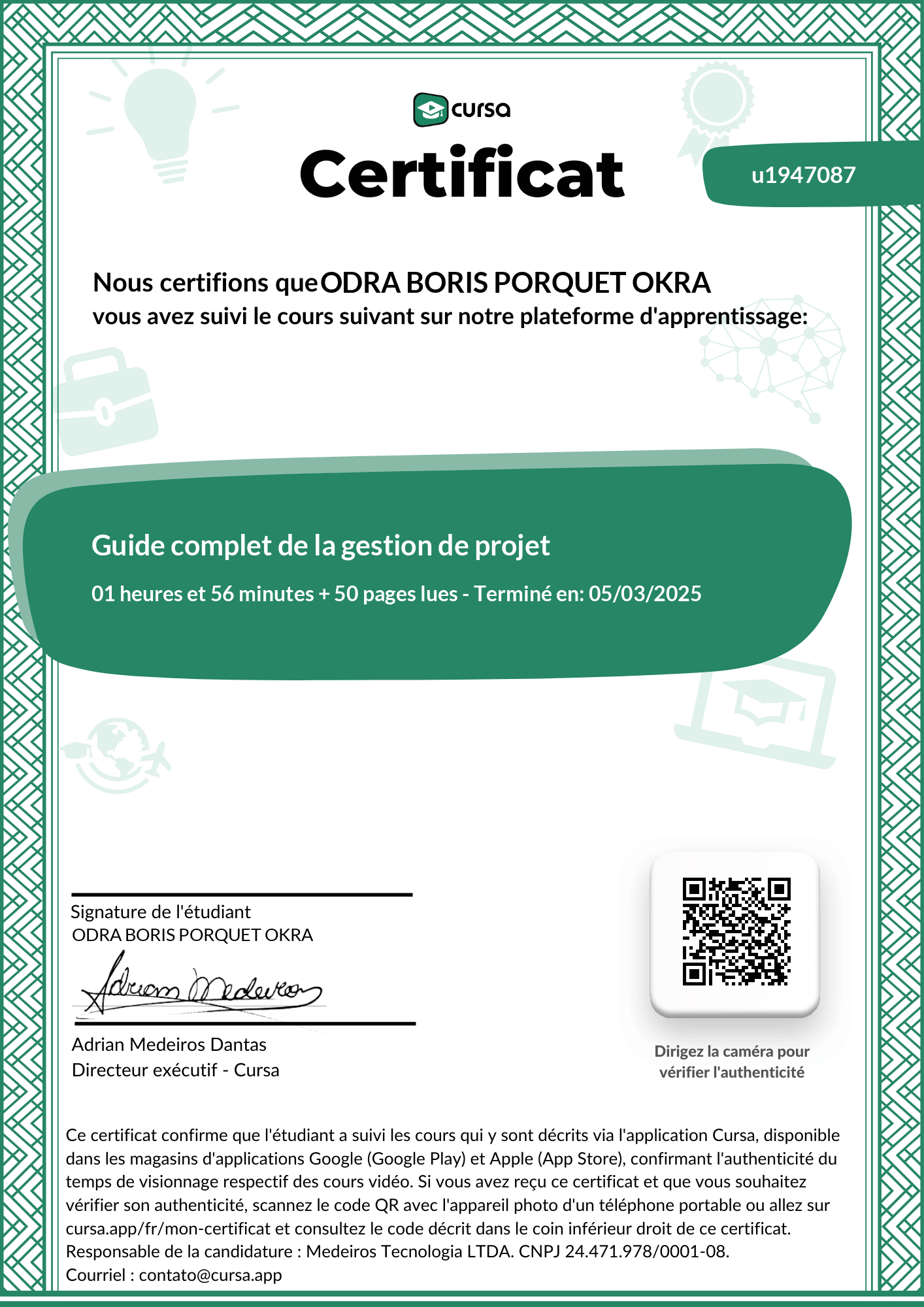 Image de mon certificat de fin de cours gratuit.