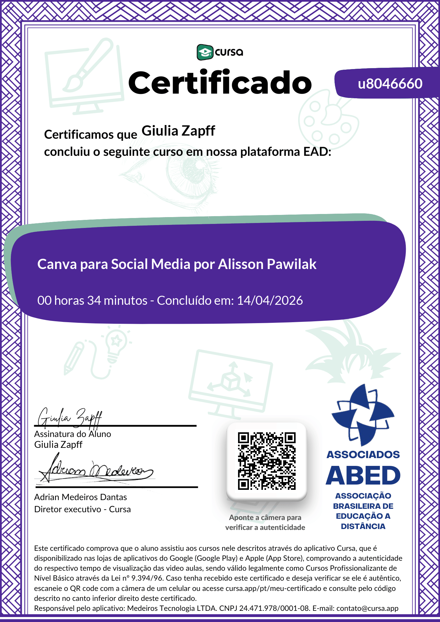 Imagem do meu Certificado gratuito de conclusão de curso.