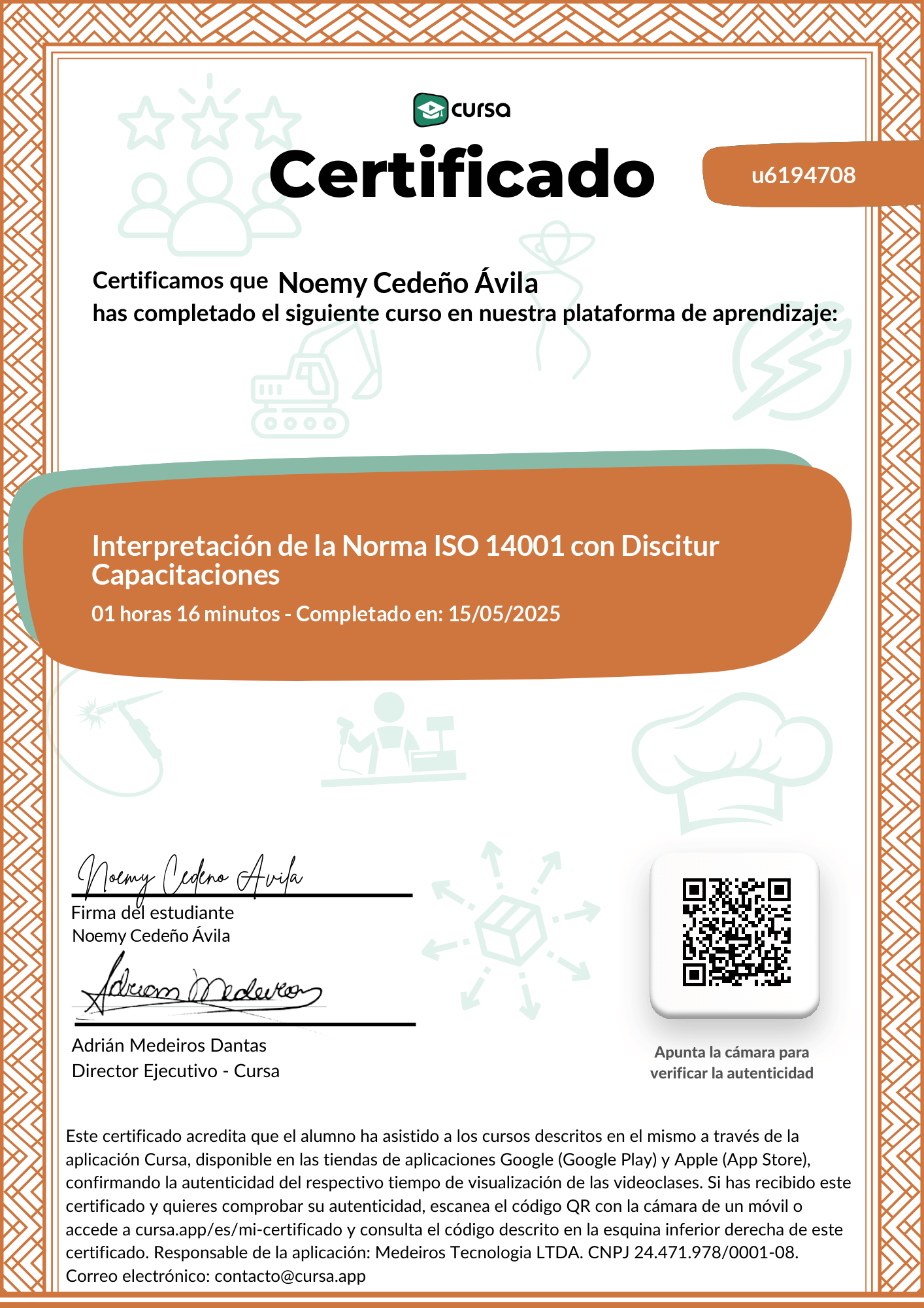 Imagen de mi Certificado de finalización del curso gratuito.