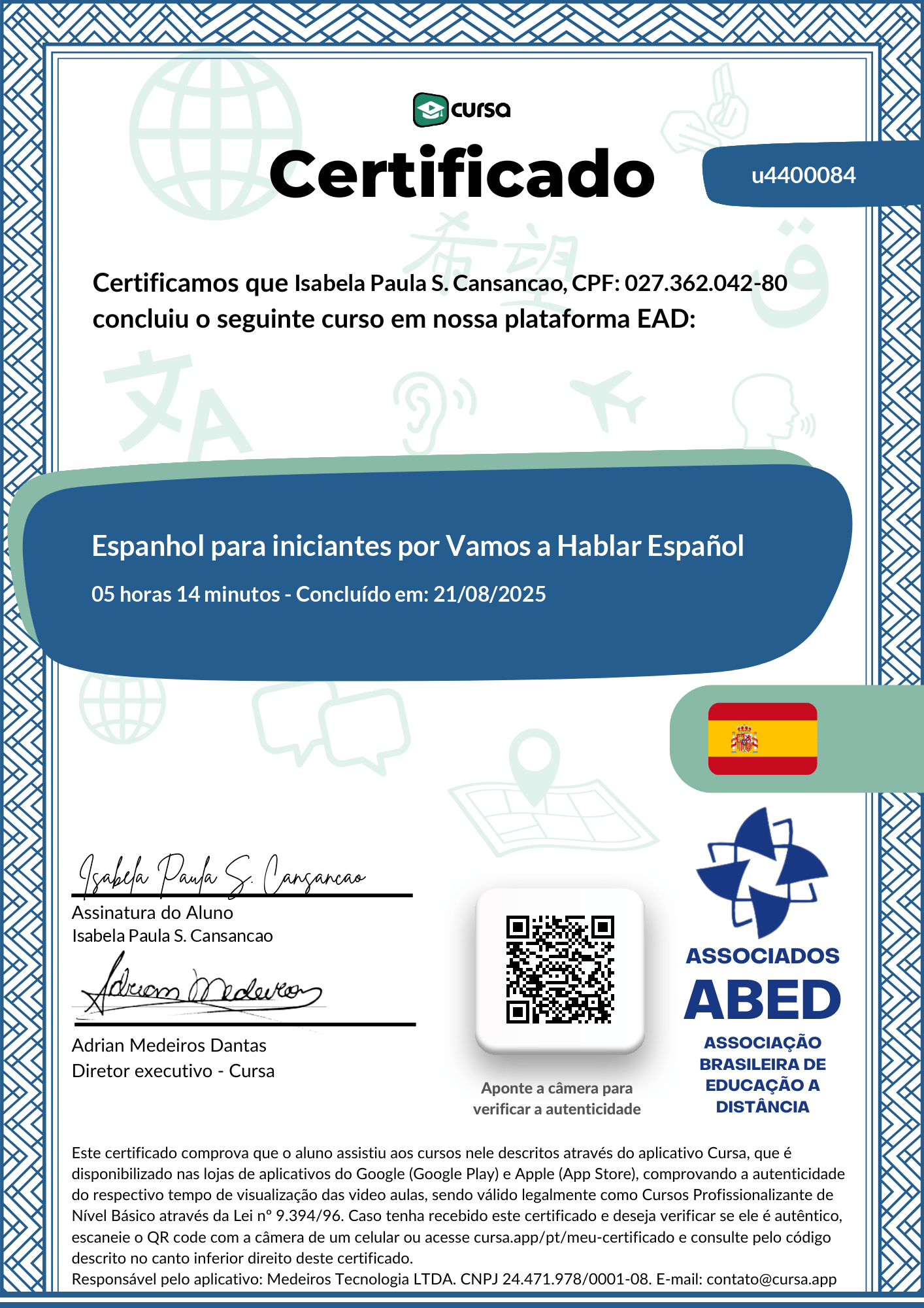 Imagem do meu Certificado gratuito de conclusão de curso.