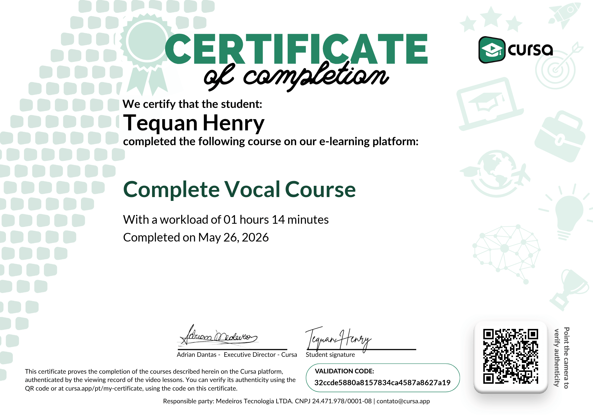 Image of my free Course Completion Certificate.