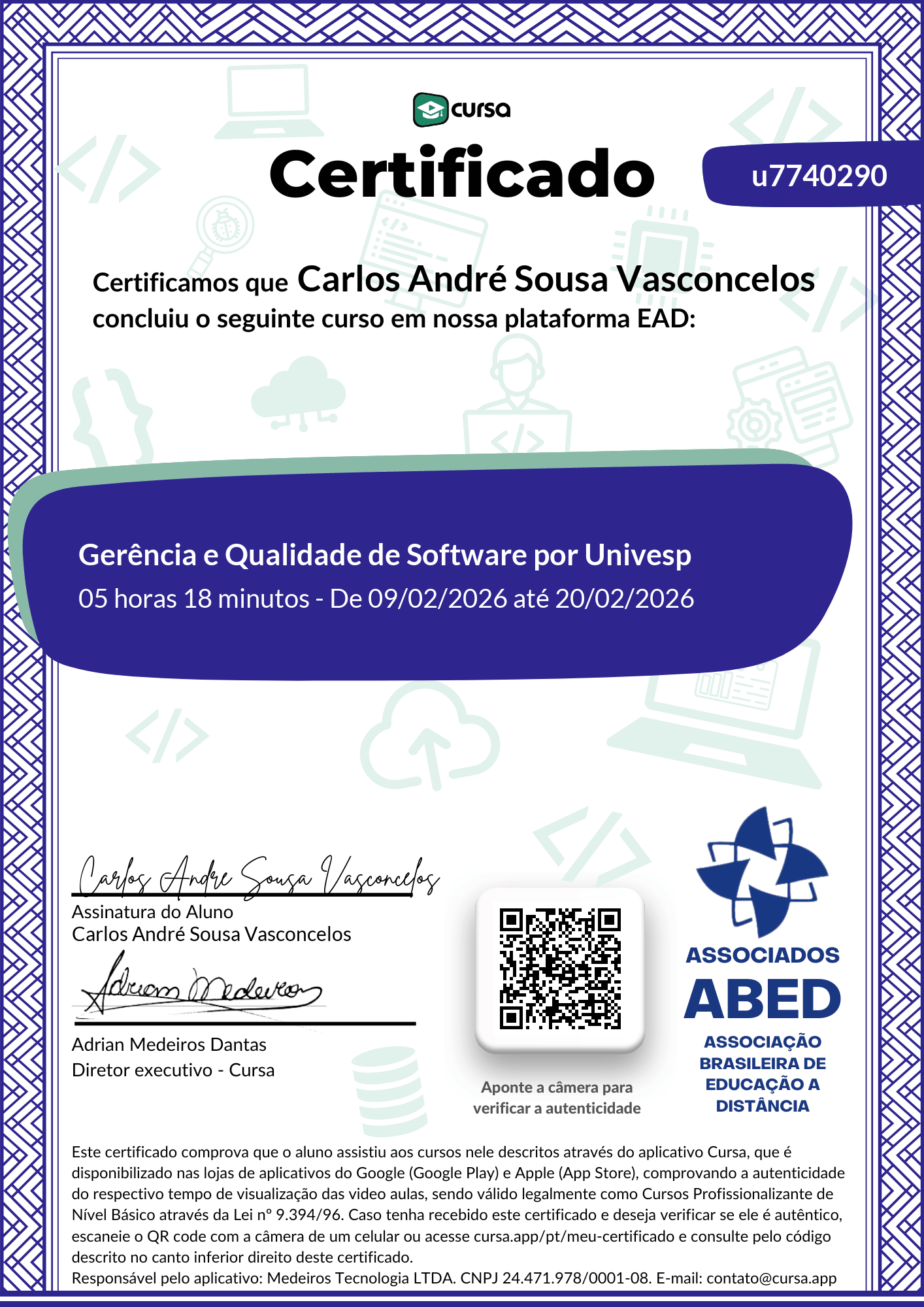 Imagem do meu Certificado gratuito de conclusão de curso.