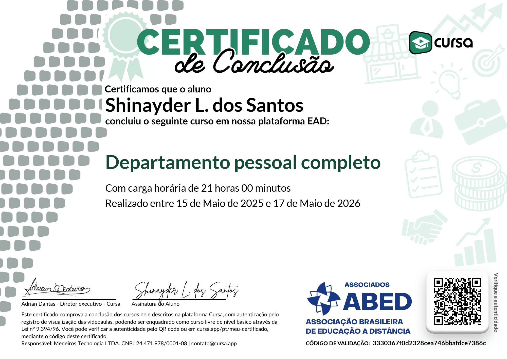 Imagem do meu Certificado gratuito de conclusão de curso.