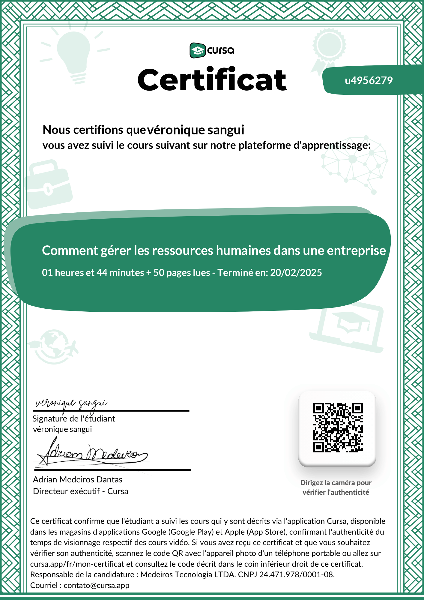 Image de mon certificat de fin de cours gratuit.