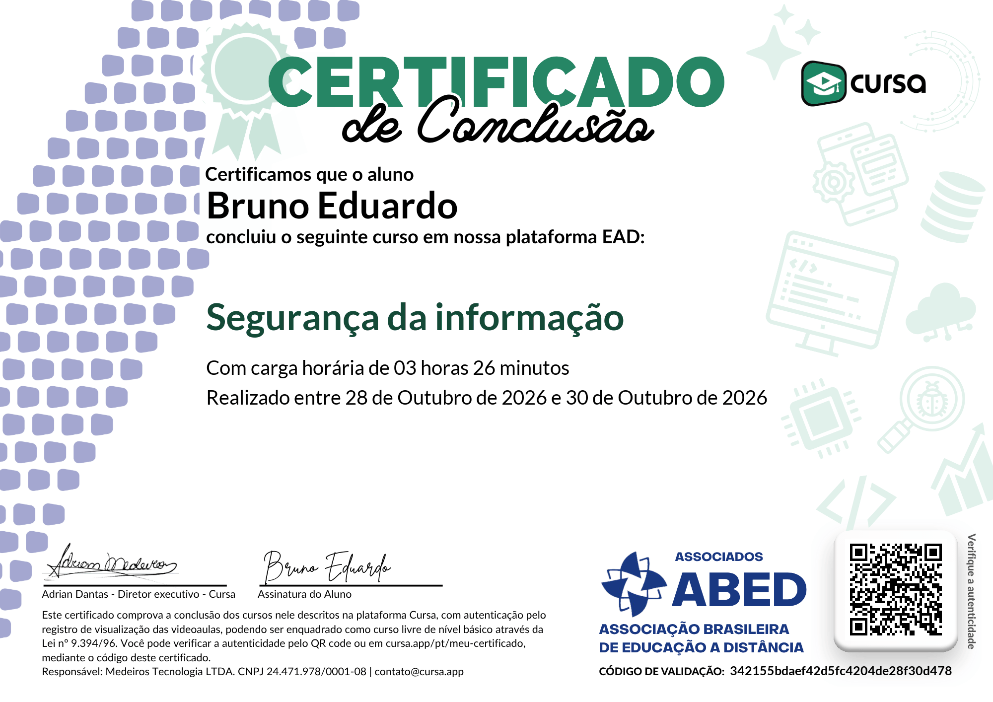 Imagem do meu Certificado gratuito de conclusão de curso.