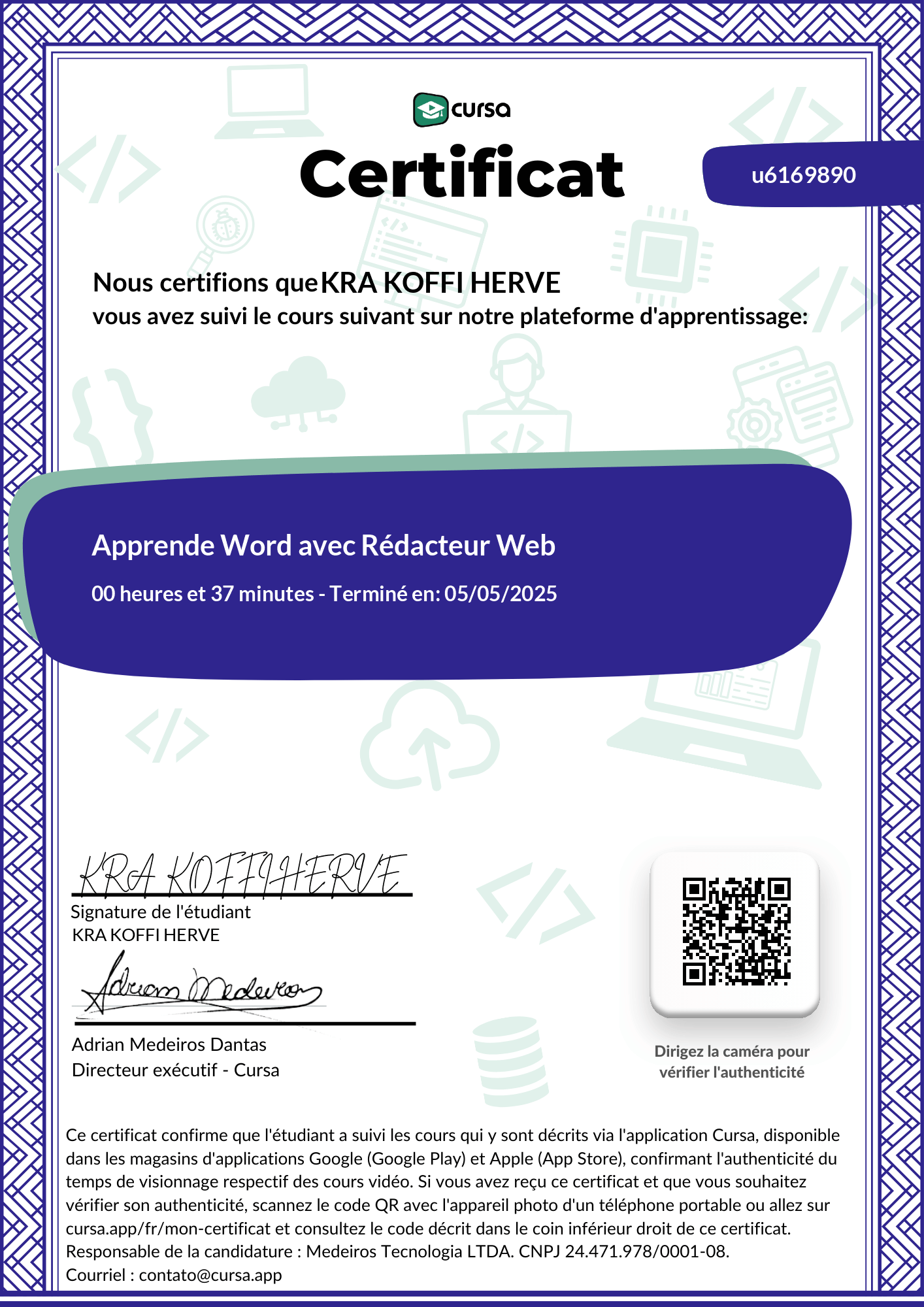 Image de mon certificat de fin de cours gratuit.