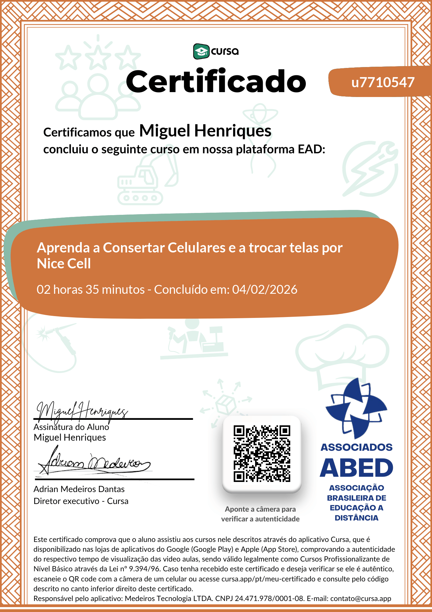Imagem do meu Certificado gratuito de conclusão de curso.