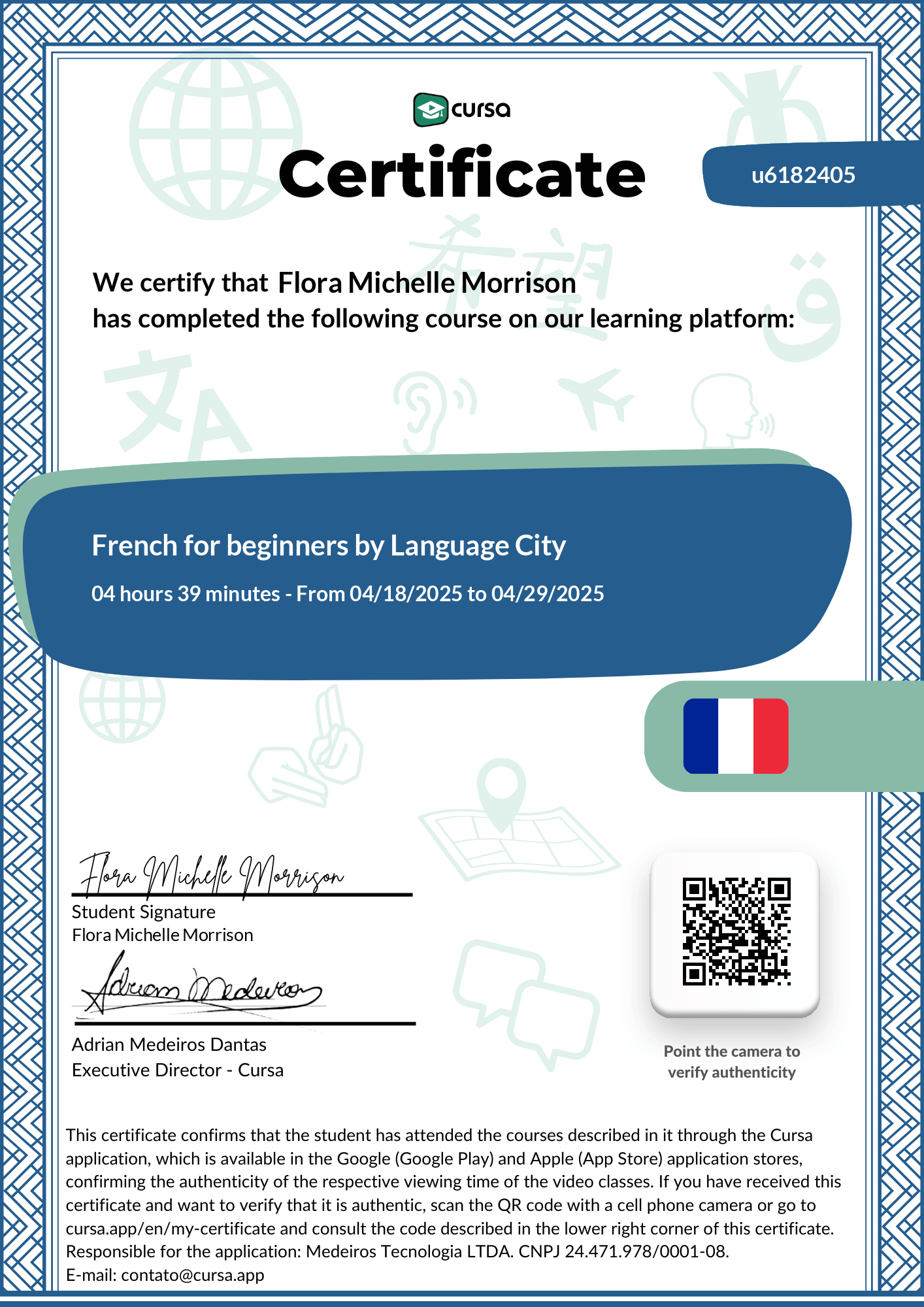 Image of my free Course Completion Certificate.