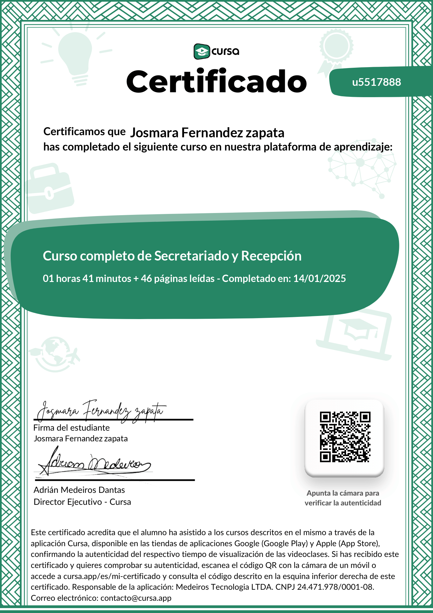 Imagen de mi Certificado de finalización del curso gratuito.