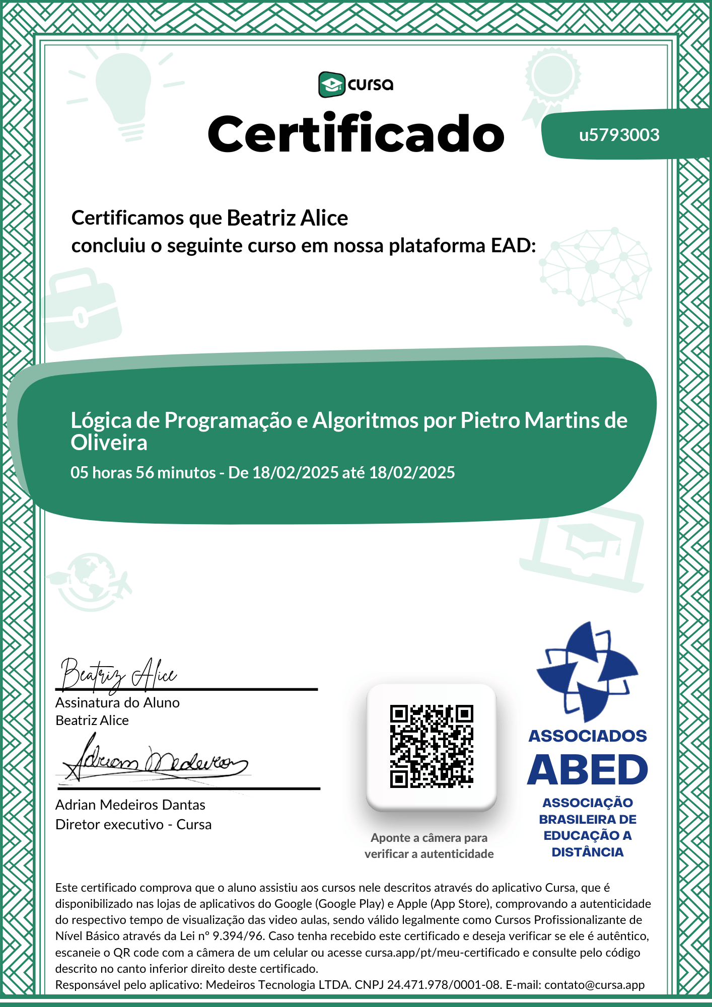 Imagem do meu Certificado gratuito de conclusão de curso.