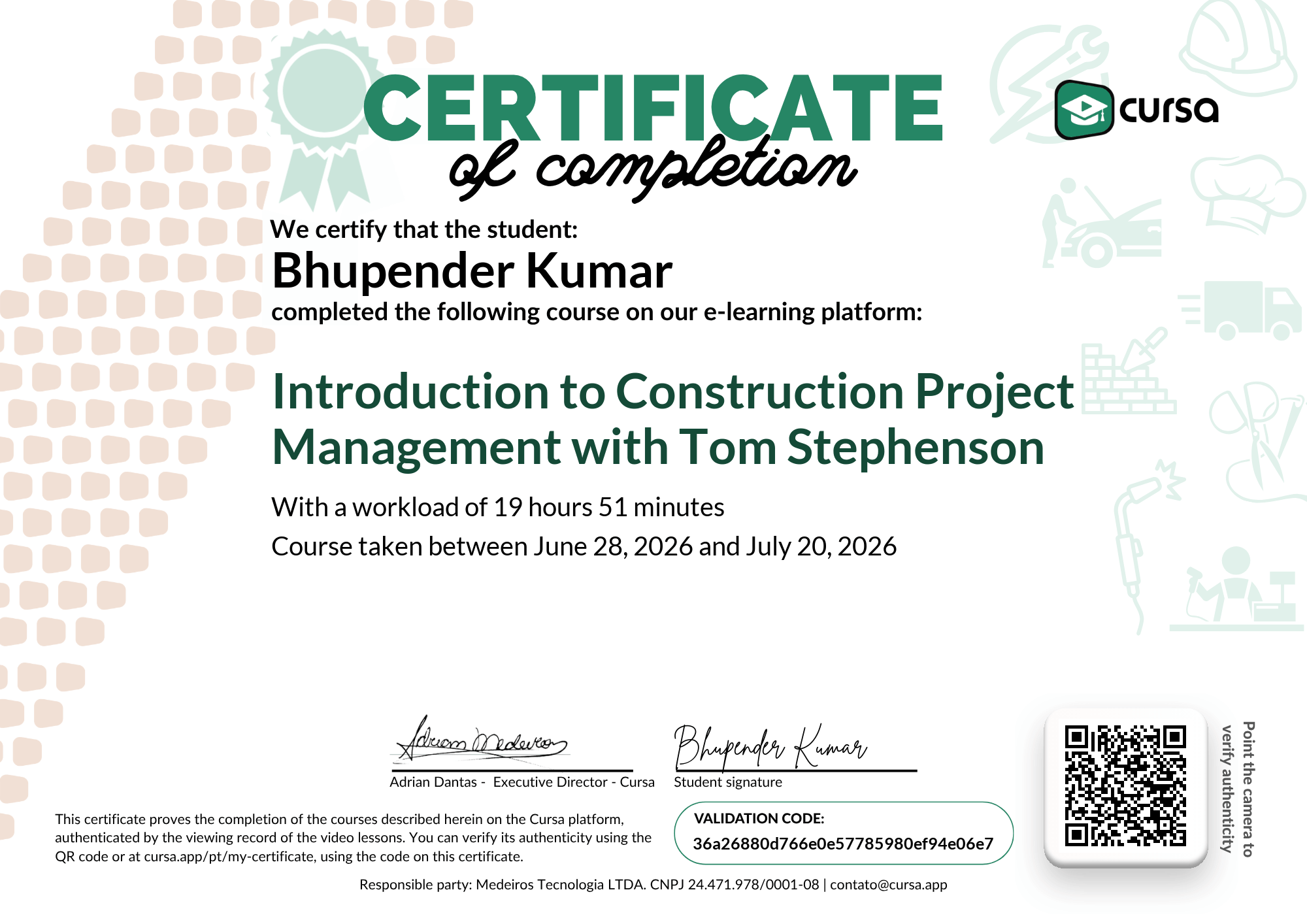 Image of my free Course Completion Certificate.
