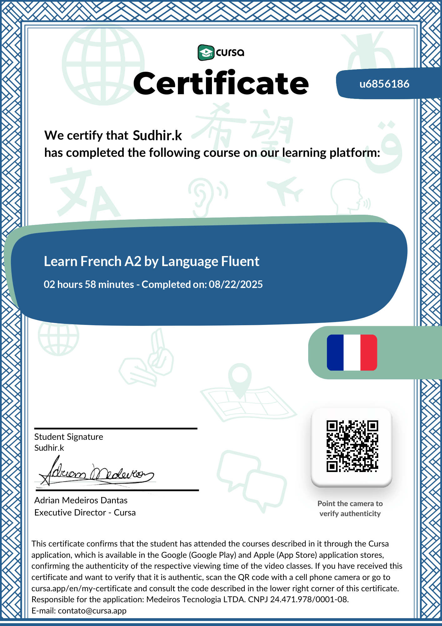 Image of my free Course Completion Certificate.