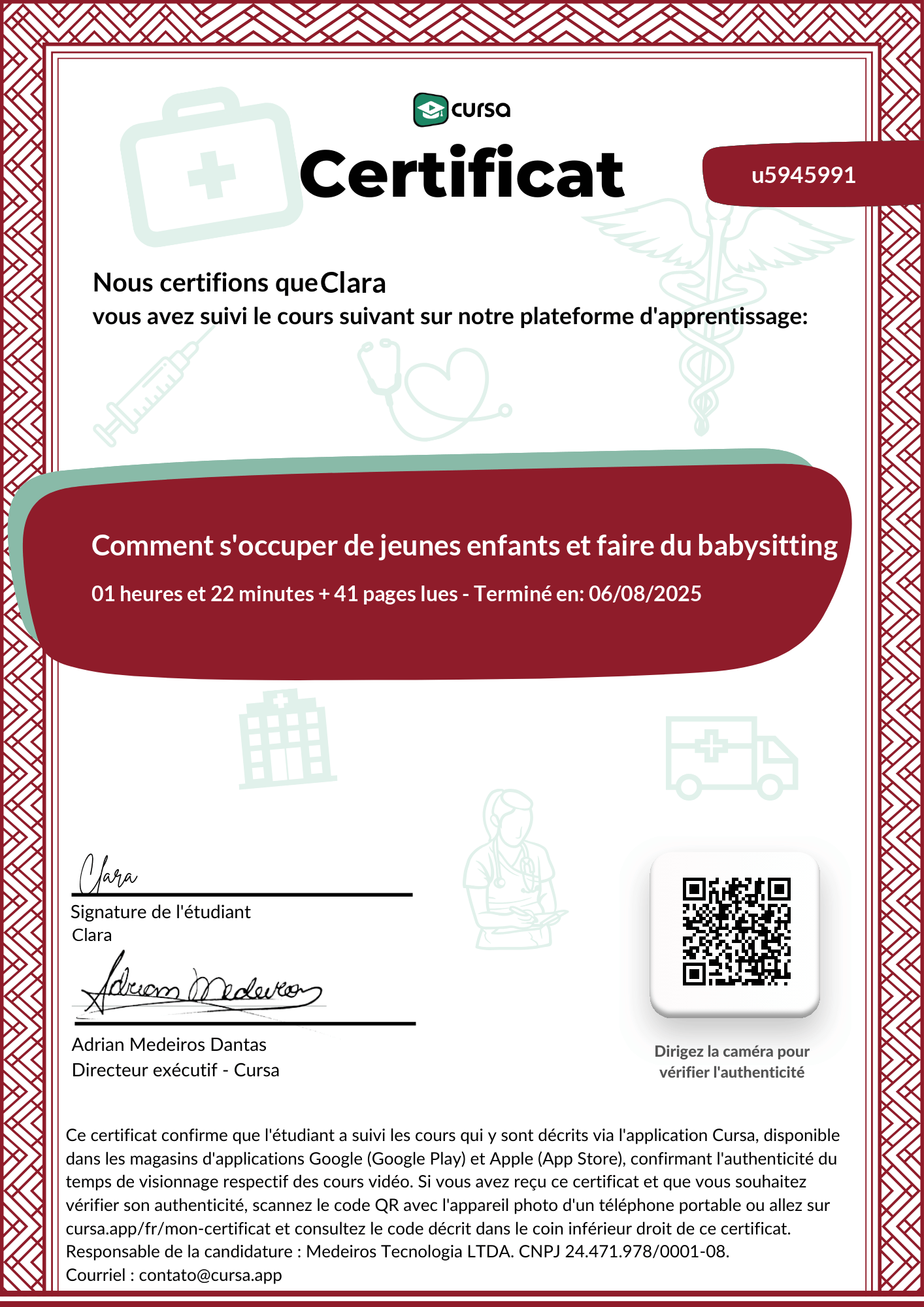 Image de mon certificat de fin de cours gratuit.