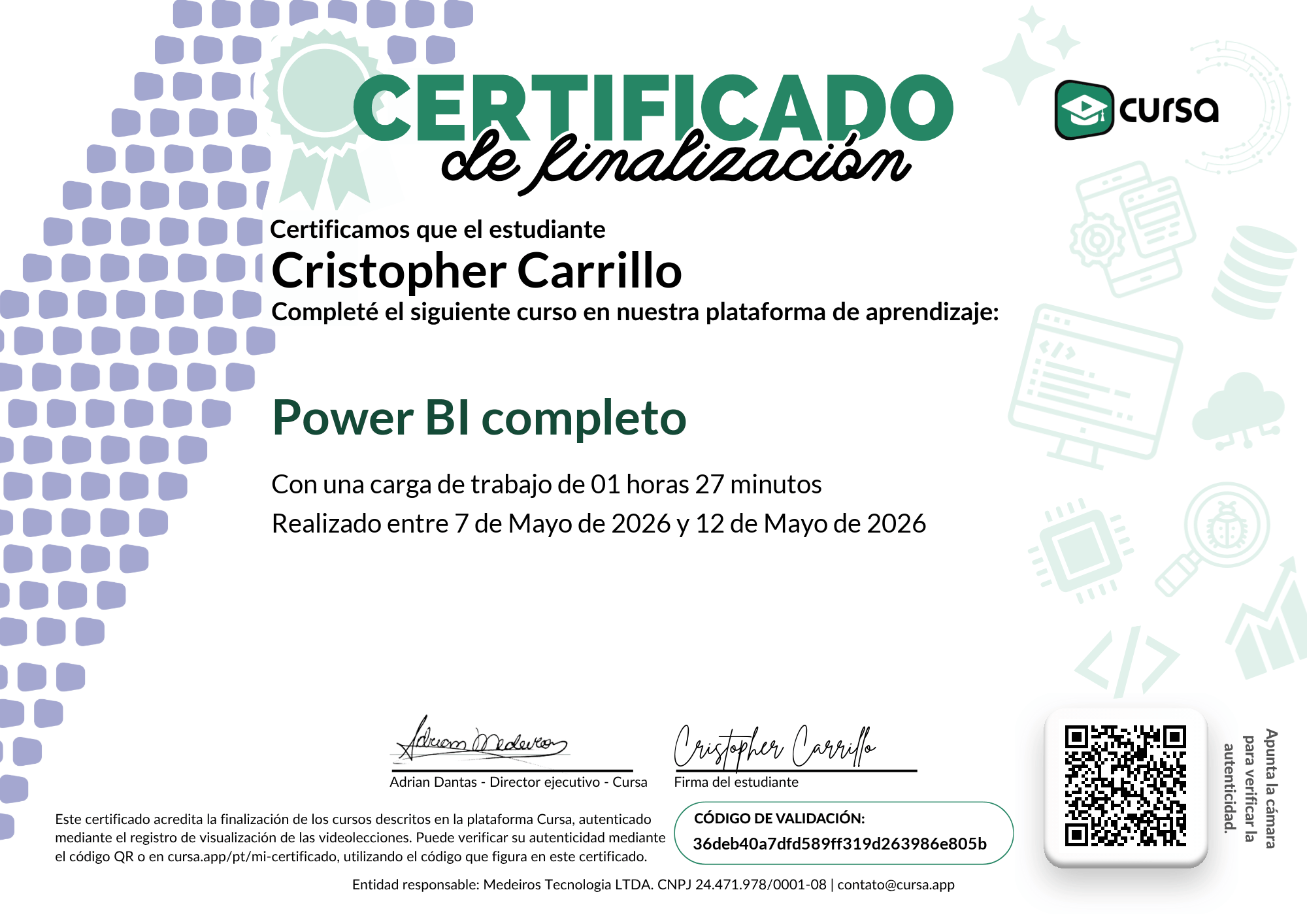 Imagen de mi Certificado de finalización del curso gratuito.