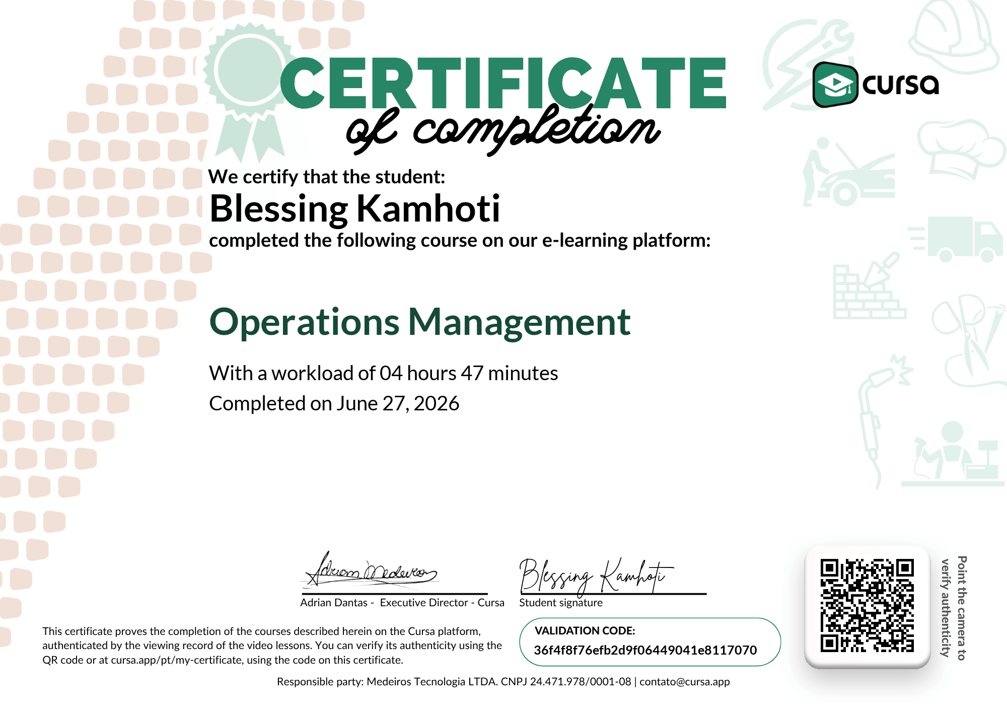 Image of my free Course Completion Certificate.