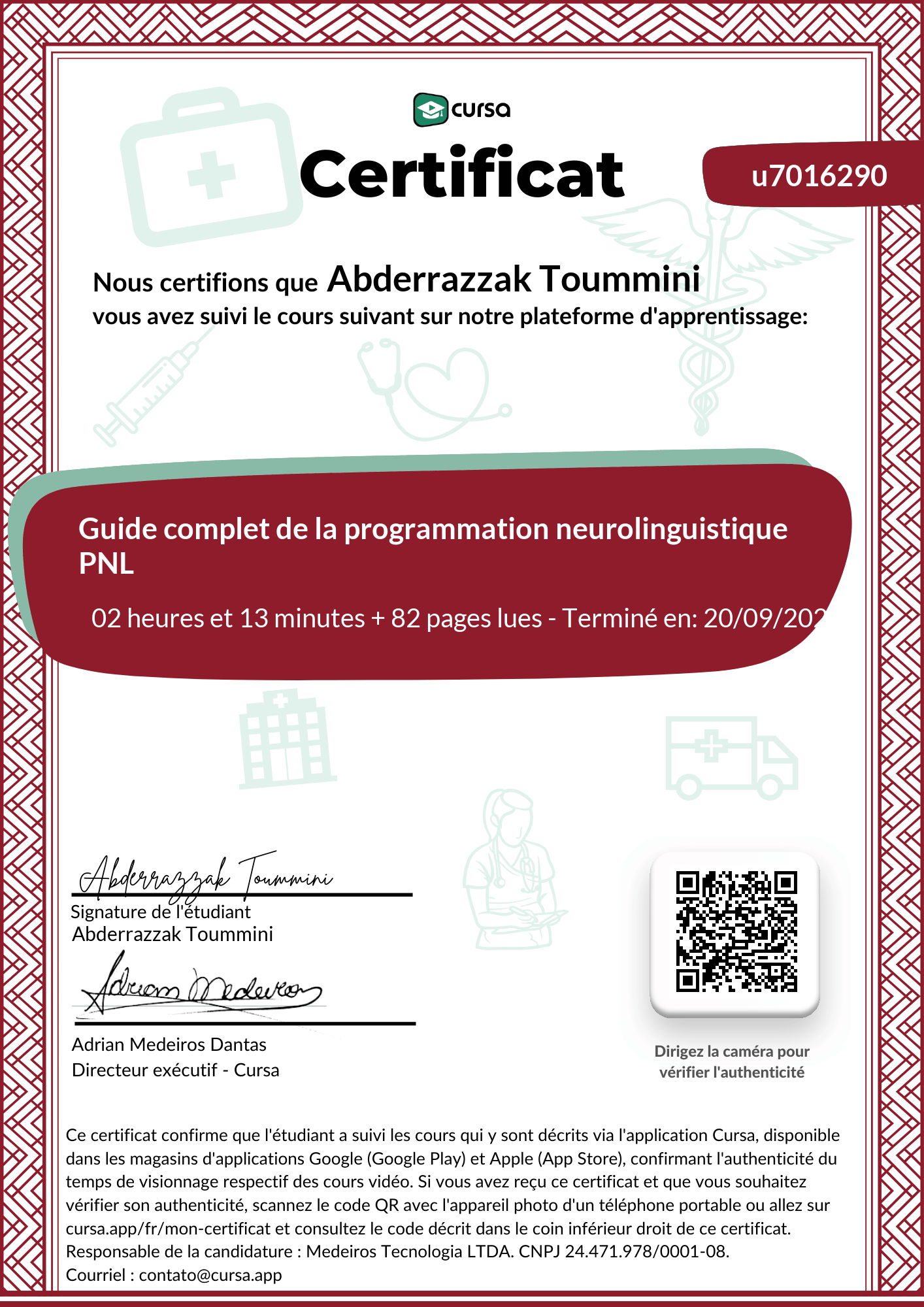 Image de mon certificat de fin de cours gratuit.