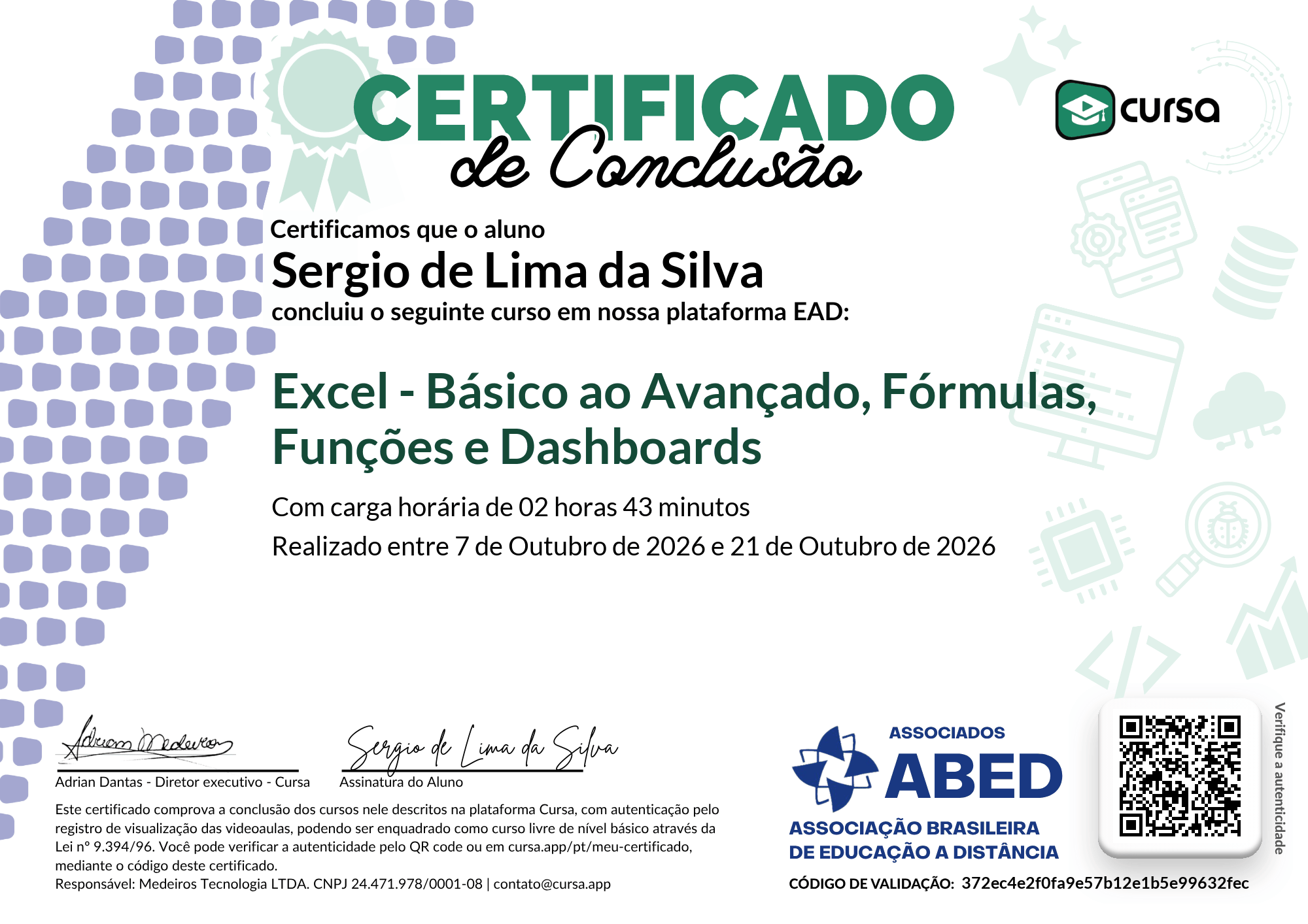 Imagem do meu Certificado gratuito de conclusão de curso.