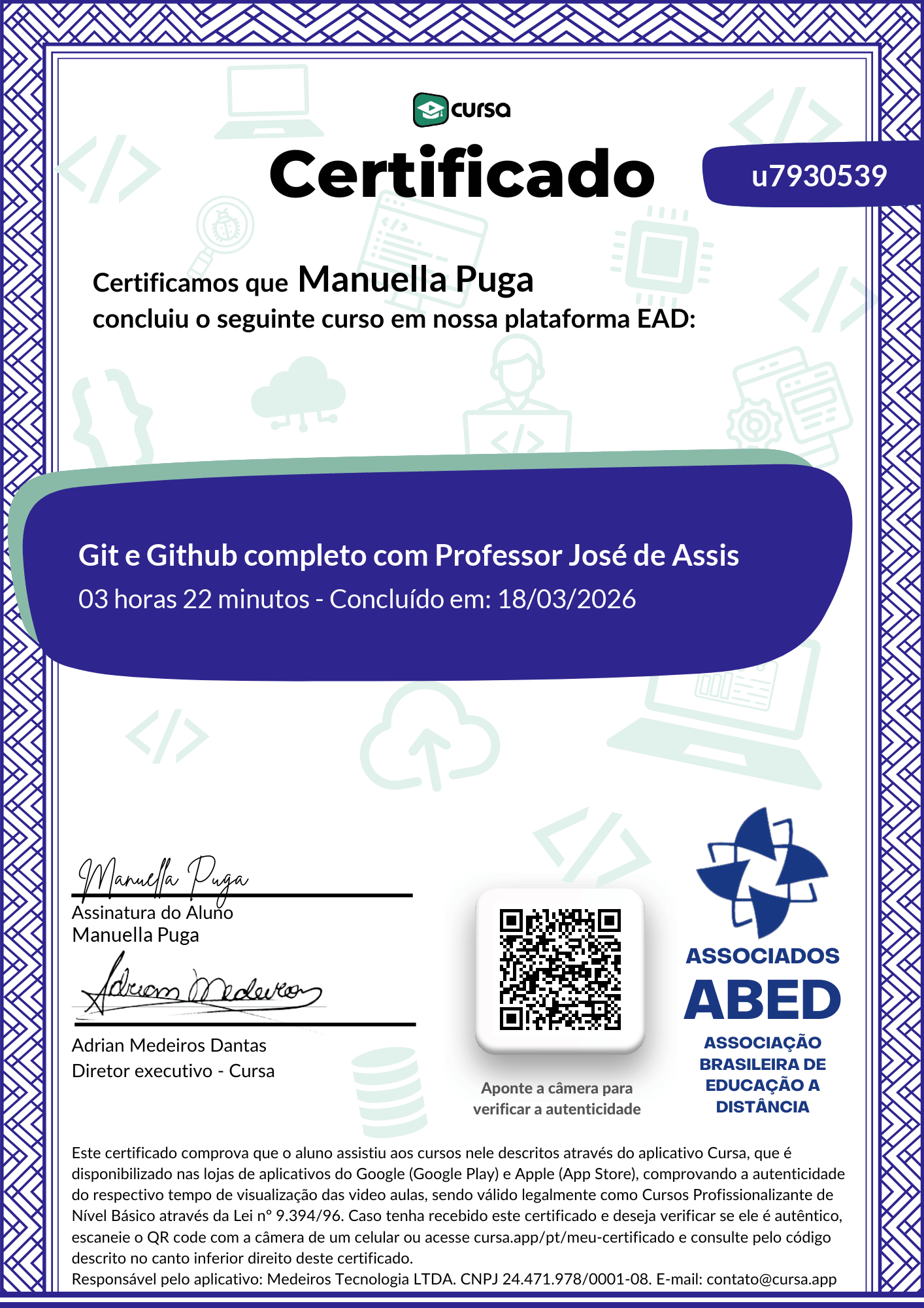 Imagem do meu Certificado gratuito de conclusão de curso.