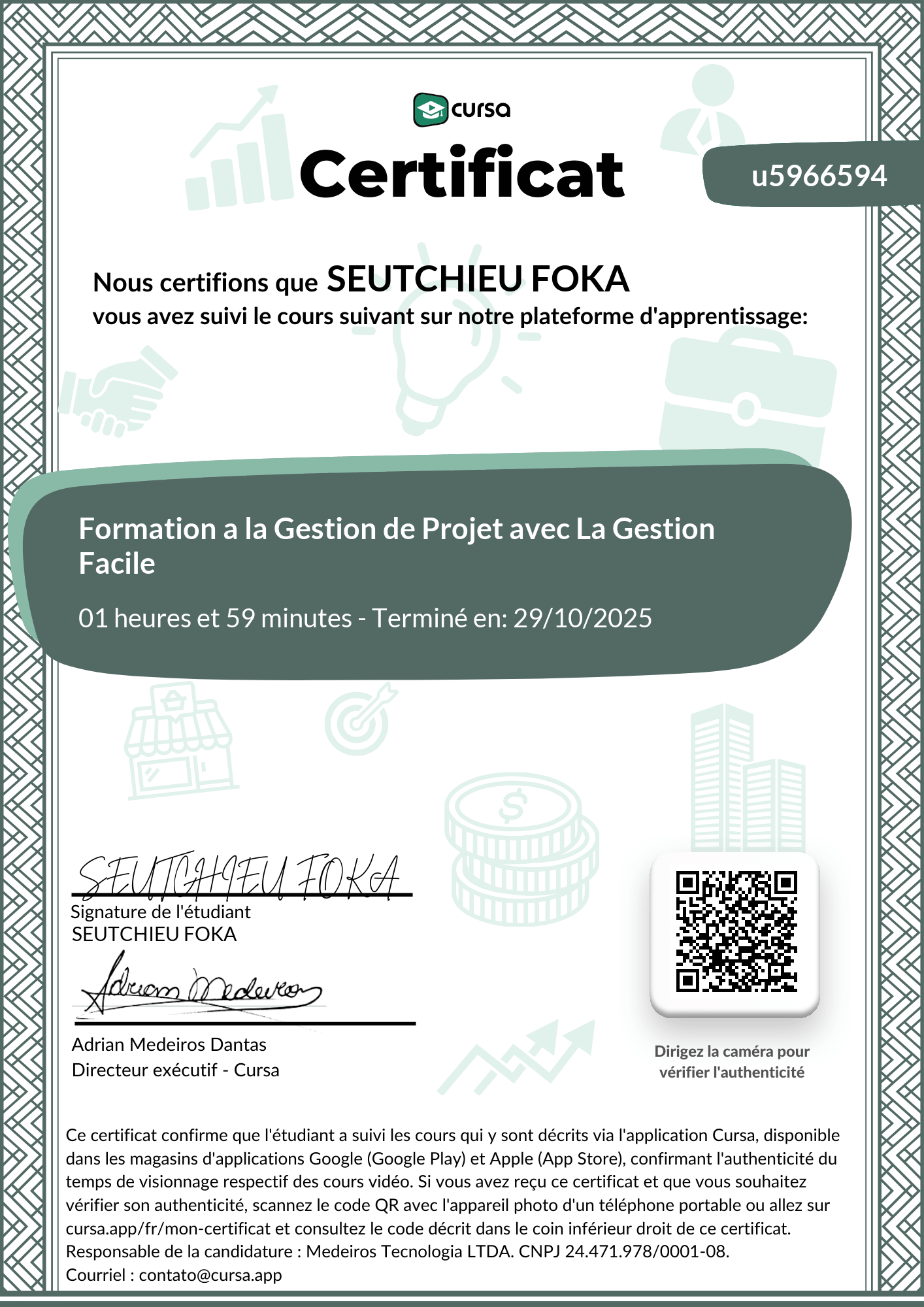 Image de mon certificat de fin de cours gratuit.