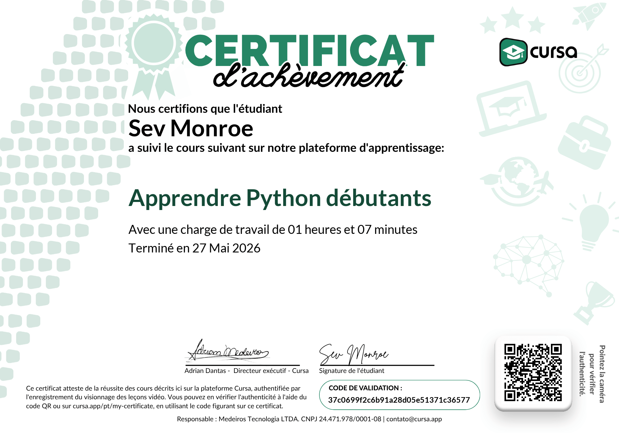 Image de mon certificat de fin de cours gratuit.