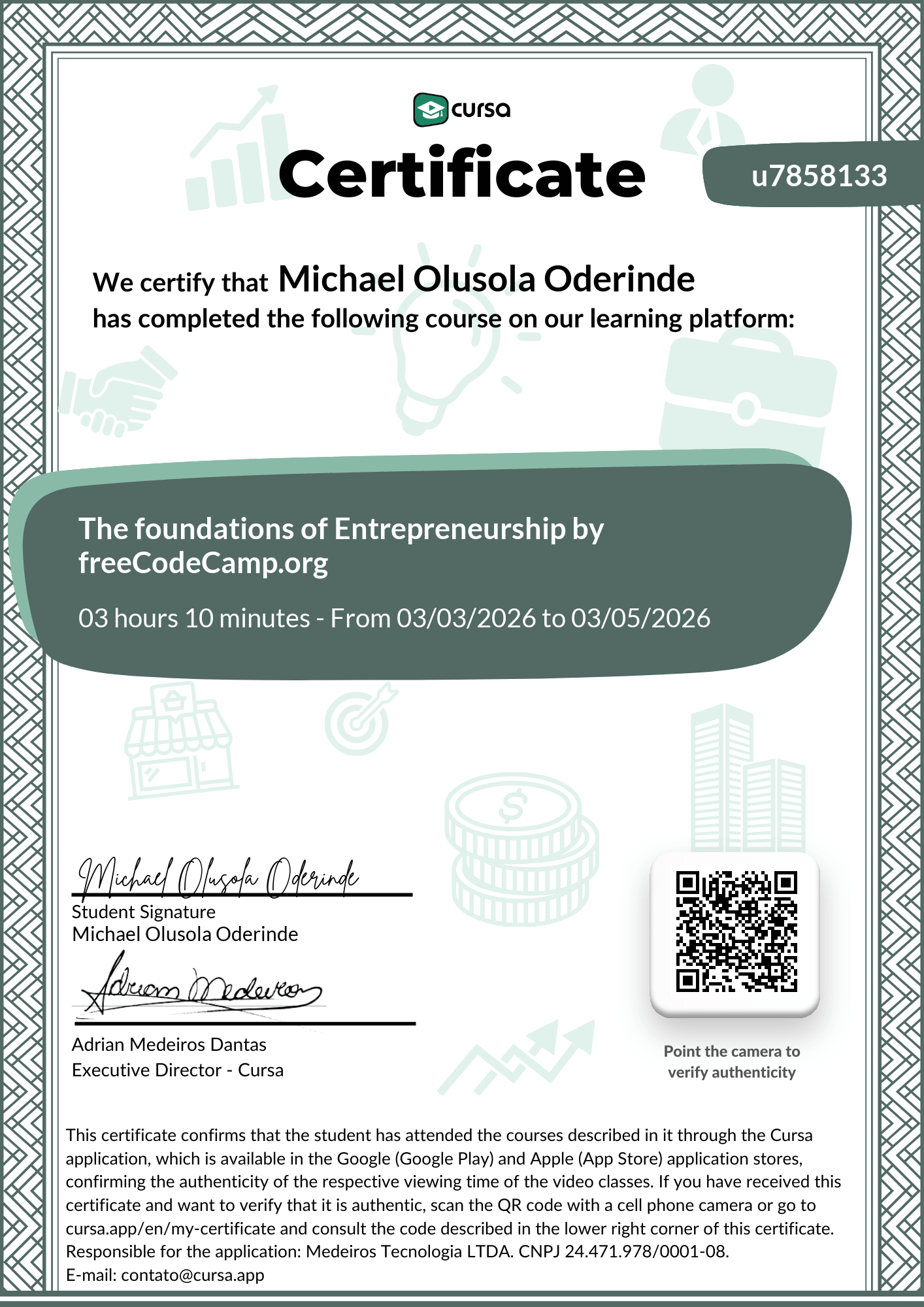 Image of my free Course Completion Certificate.