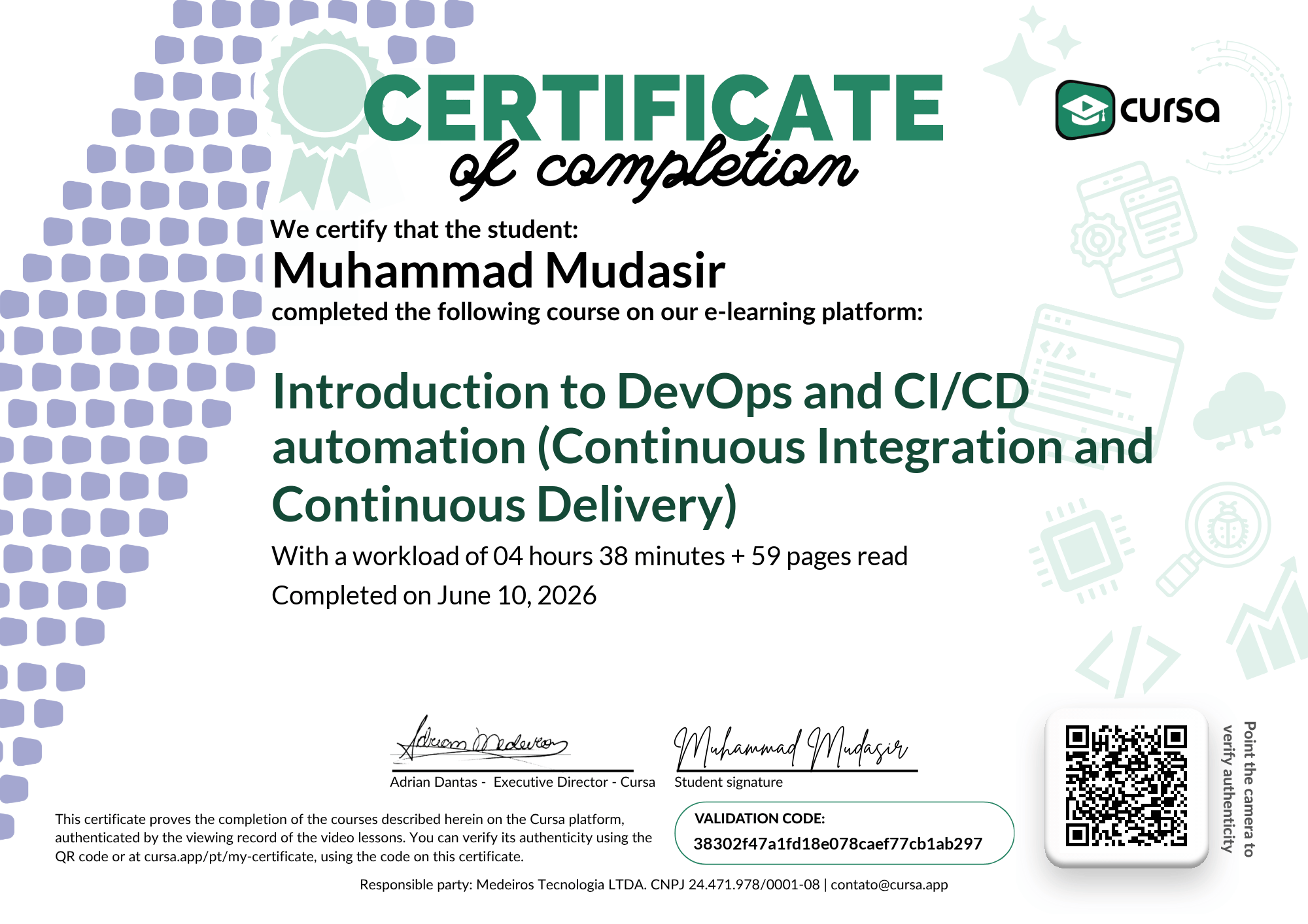 Image of my free Course Completion Certificate.