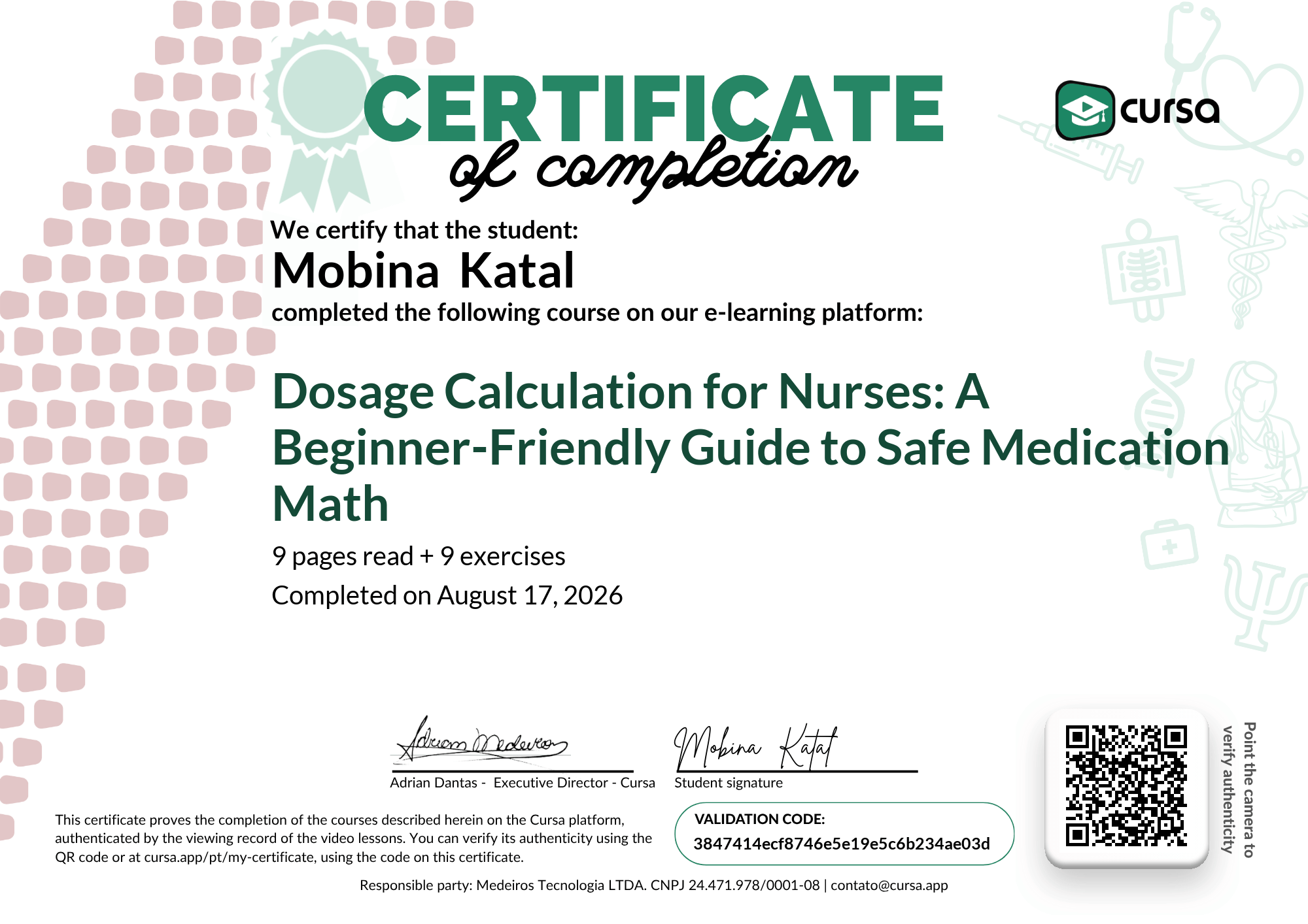 Image of my free Course Completion Certificate.