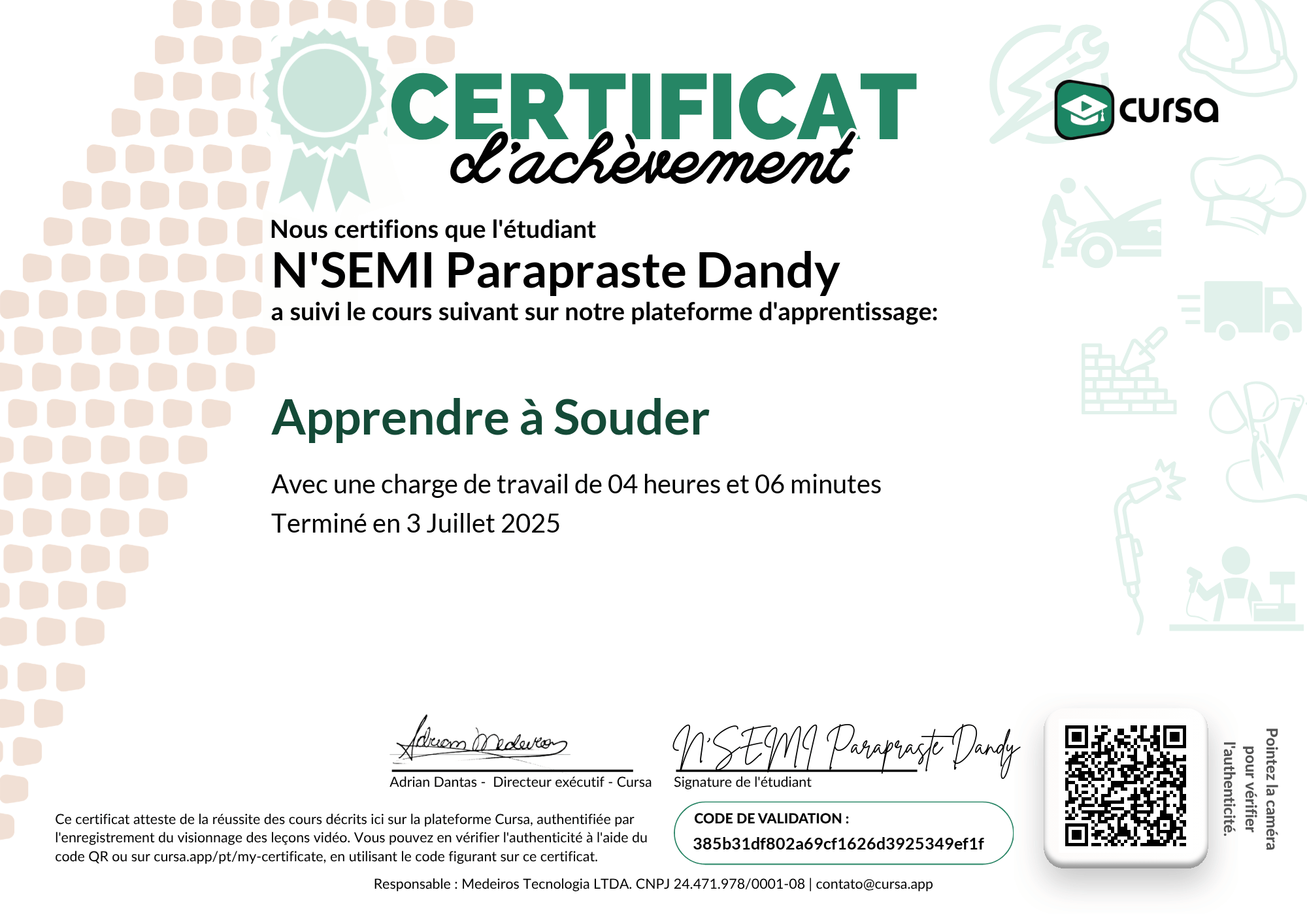 Image de mon certificat de fin de cours gratuit.