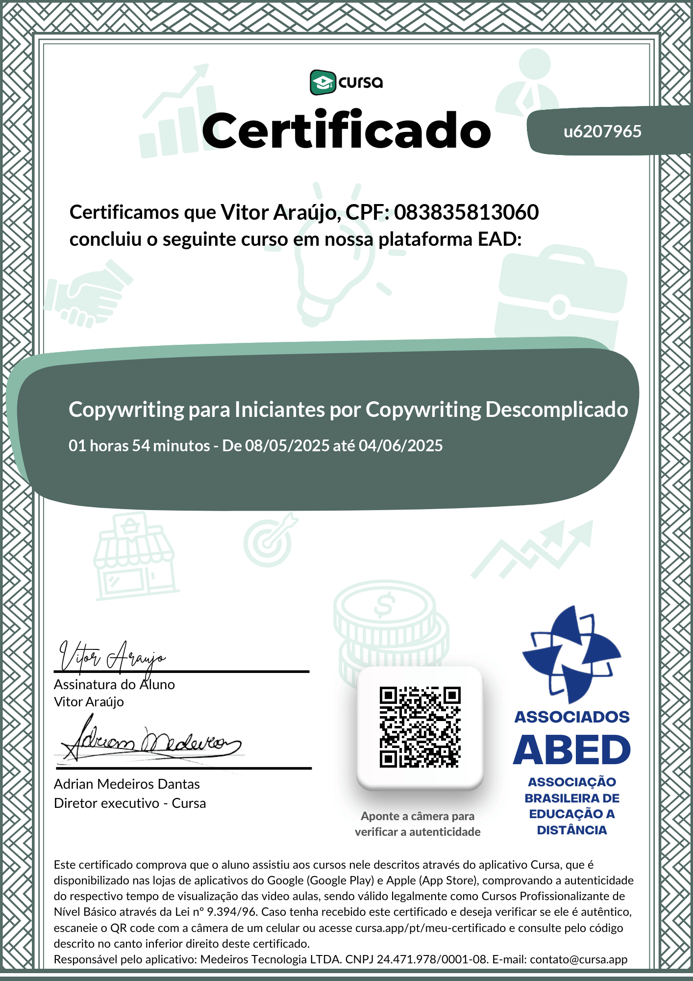 Imagem do meu Certificado gratuito de conclusão de curso.