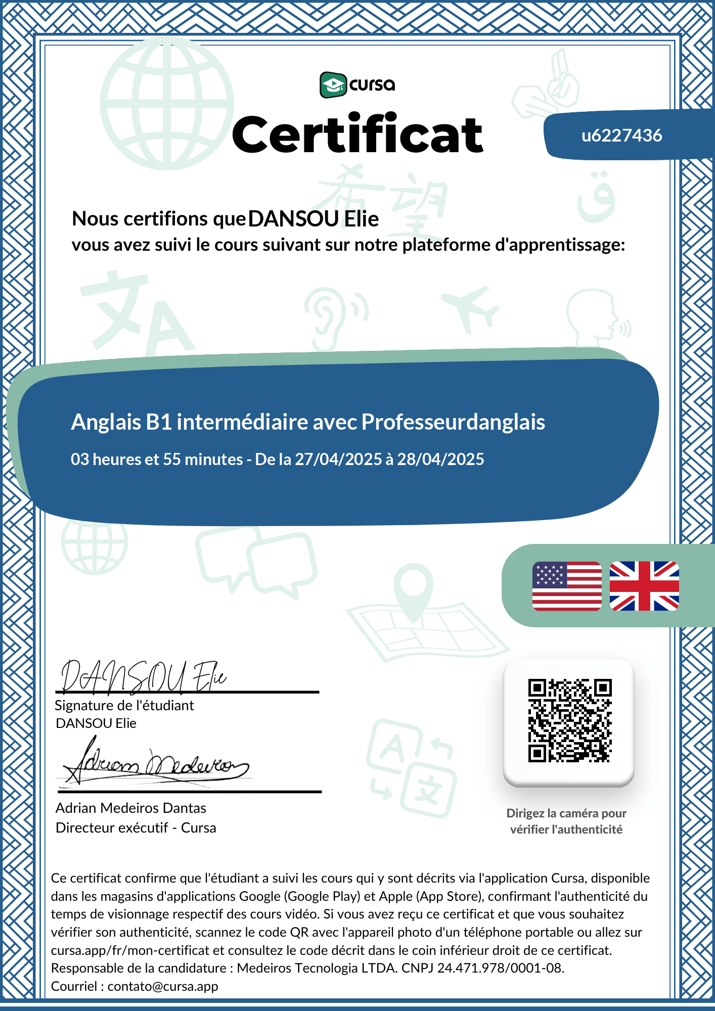 Image de mon certificat de fin de cours gratuit.