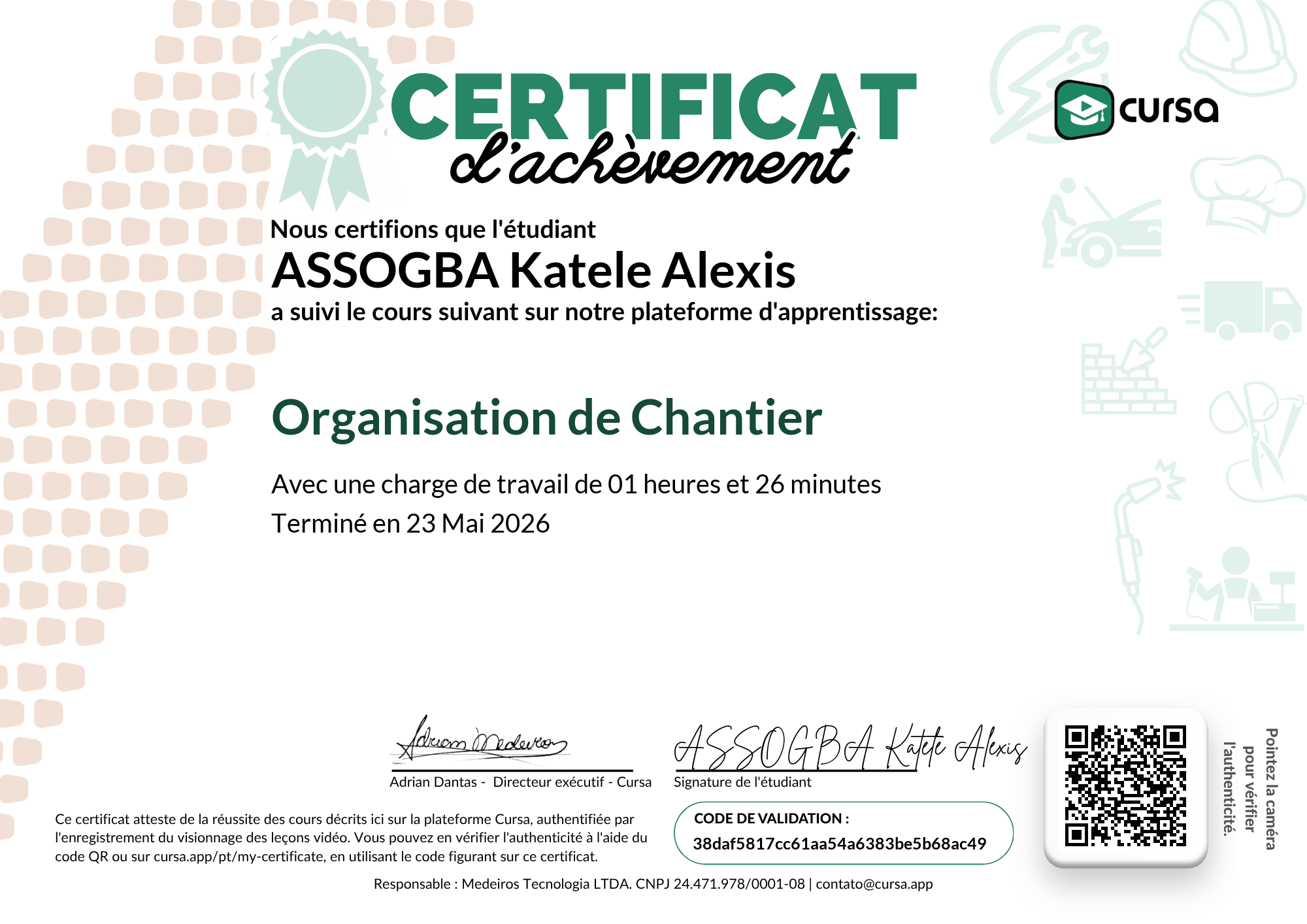 Image de mon certificat de fin de cours gratuit.
