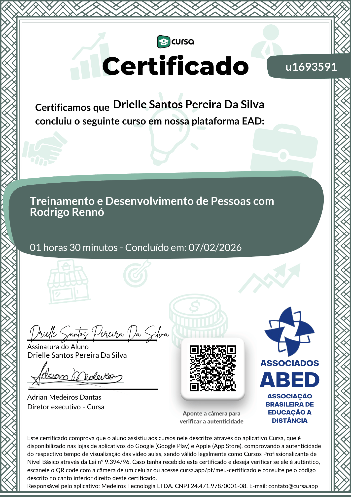 Imagem do meu Certificado gratuito de conclusão de curso.