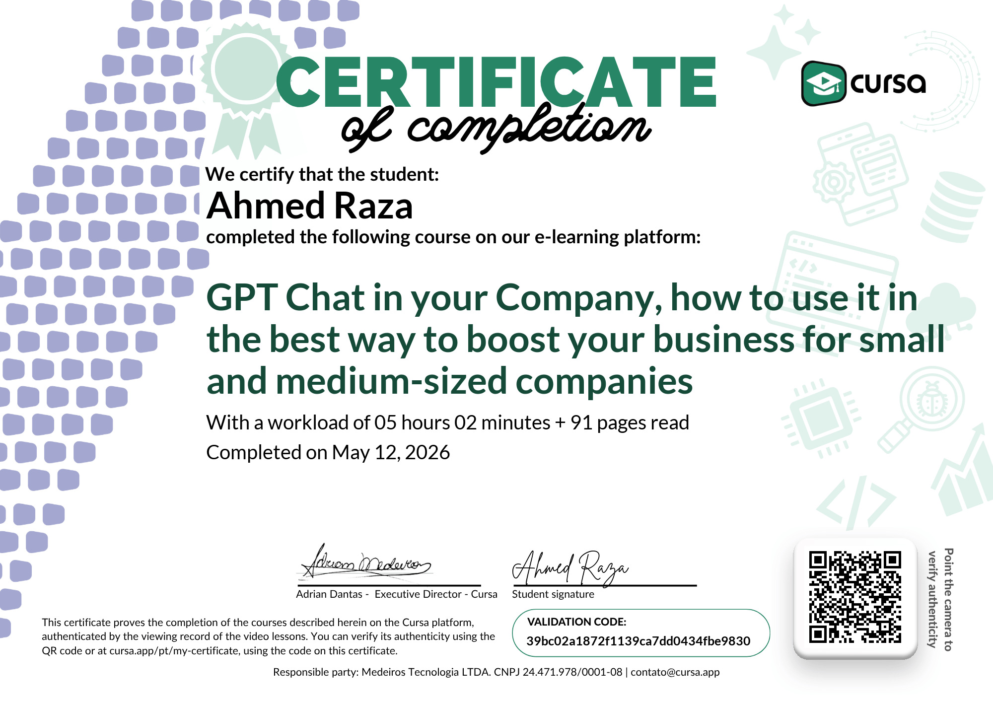 Image of my free Course Completion Certificate.