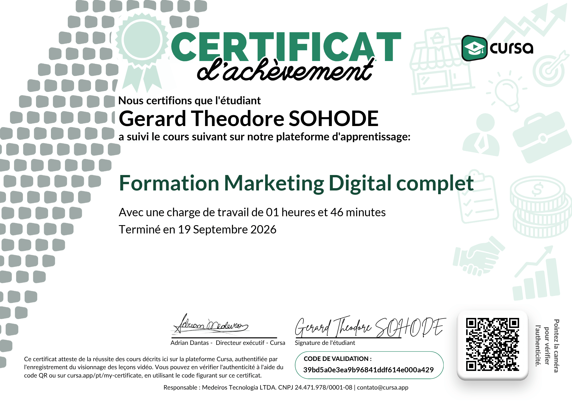 Image de mon certificat de fin de cours gratuit.