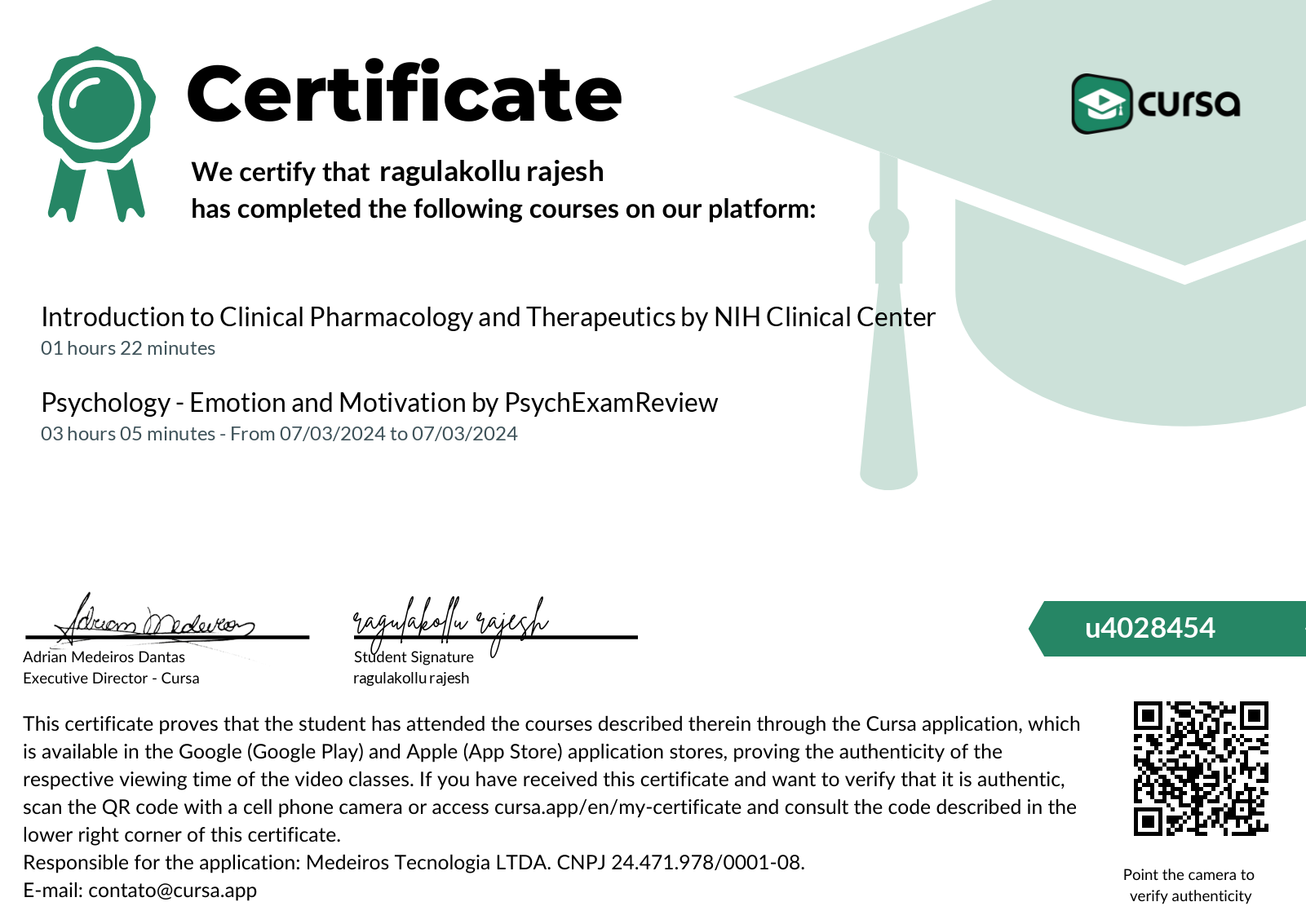 Image of my free Course Completion Certificate.