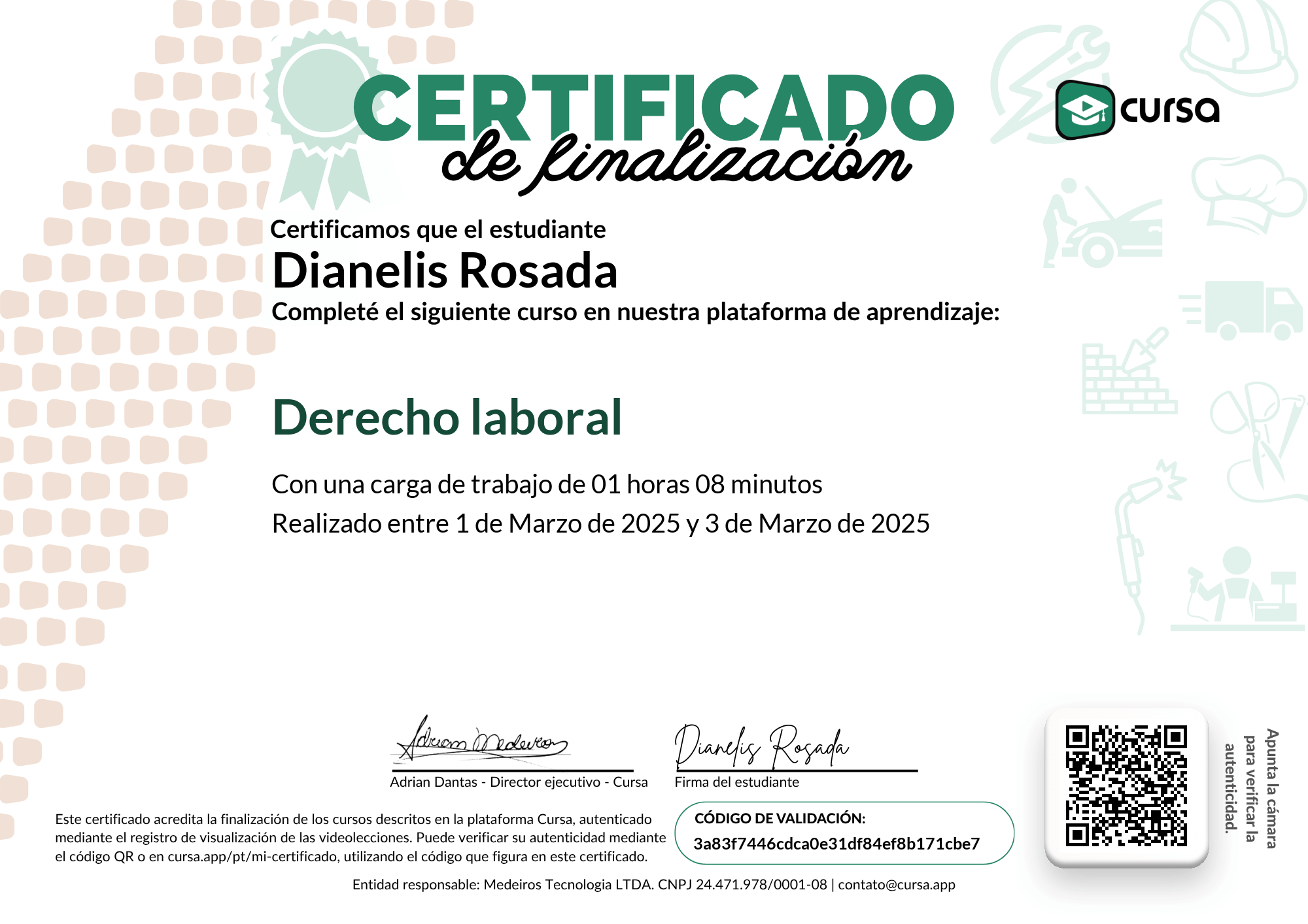 Imagen de mi Certificado de finalización del curso gratuito.