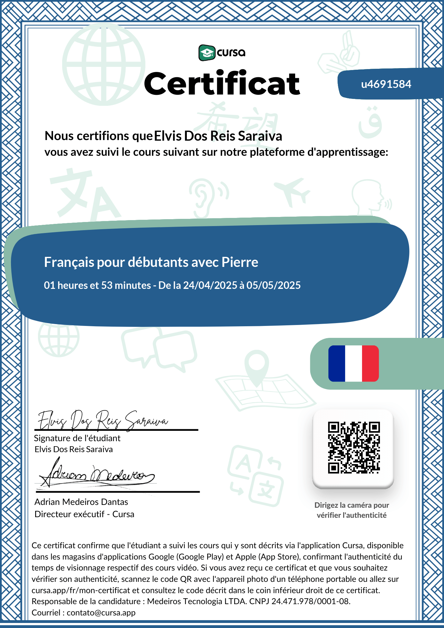 Image de mon certificat de fin de cours gratuit.
