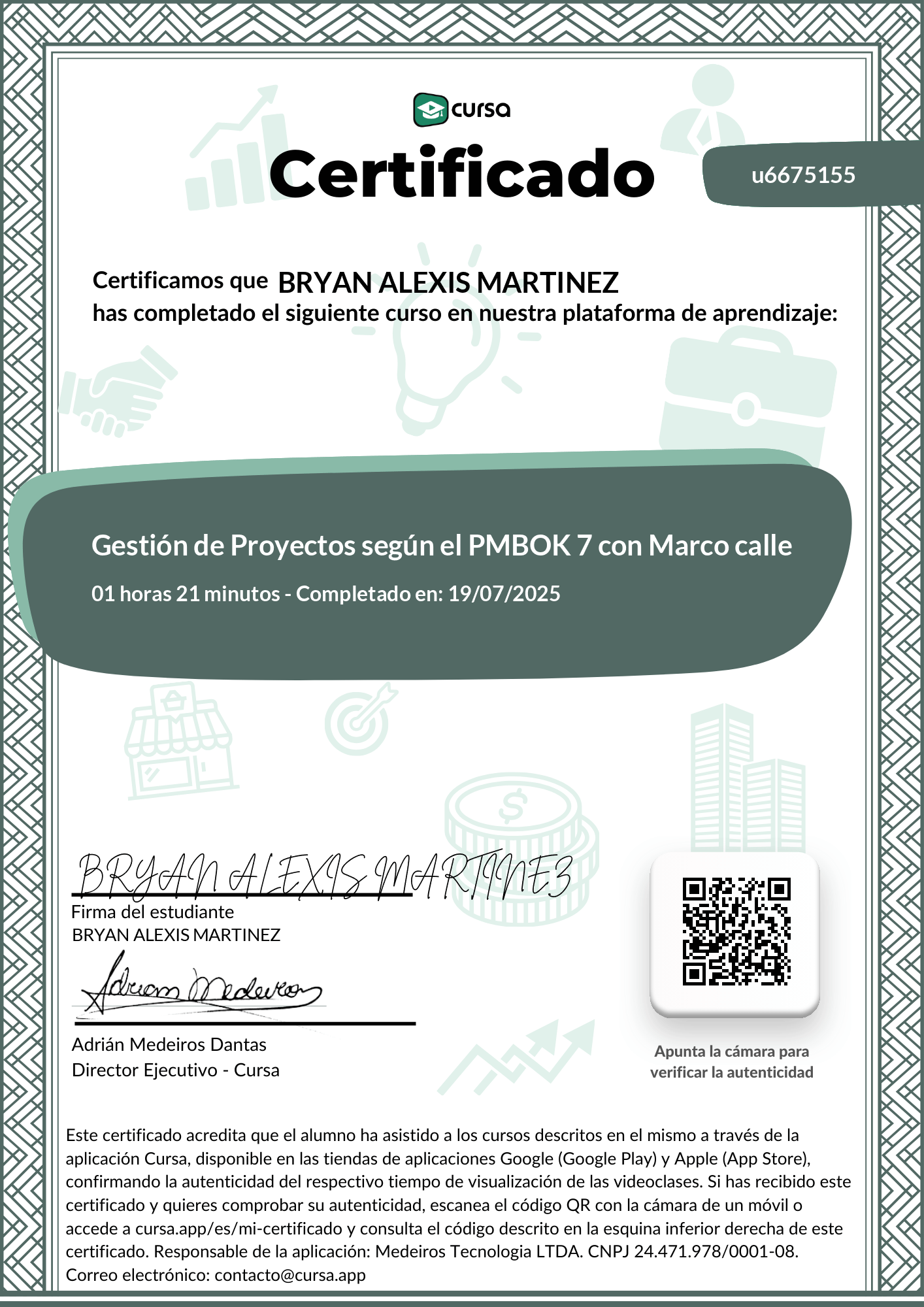 Imagen de mi Certificado de finalización del curso gratuito.