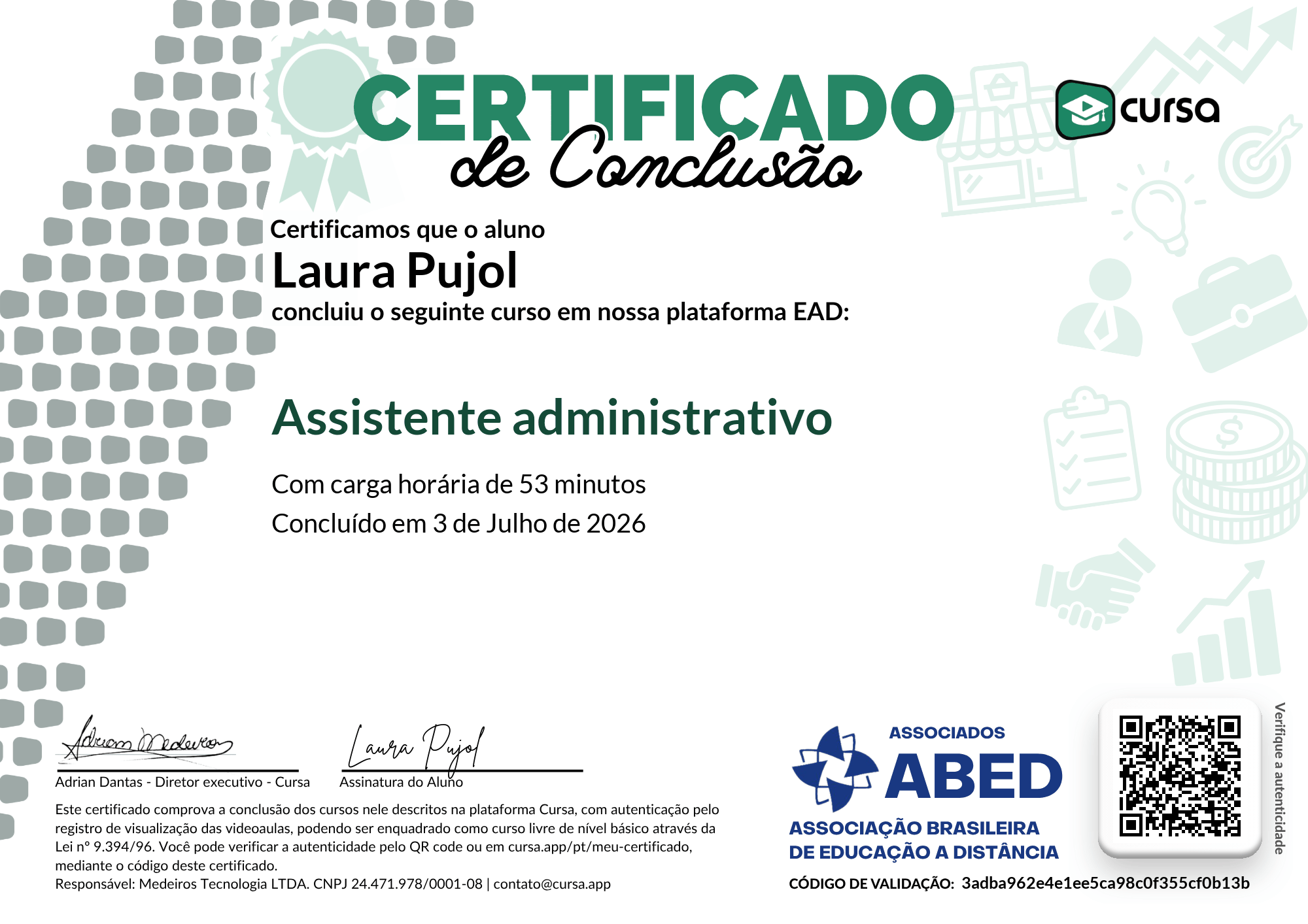 Imagem do meu Certificado gratuito de conclusão de curso.
