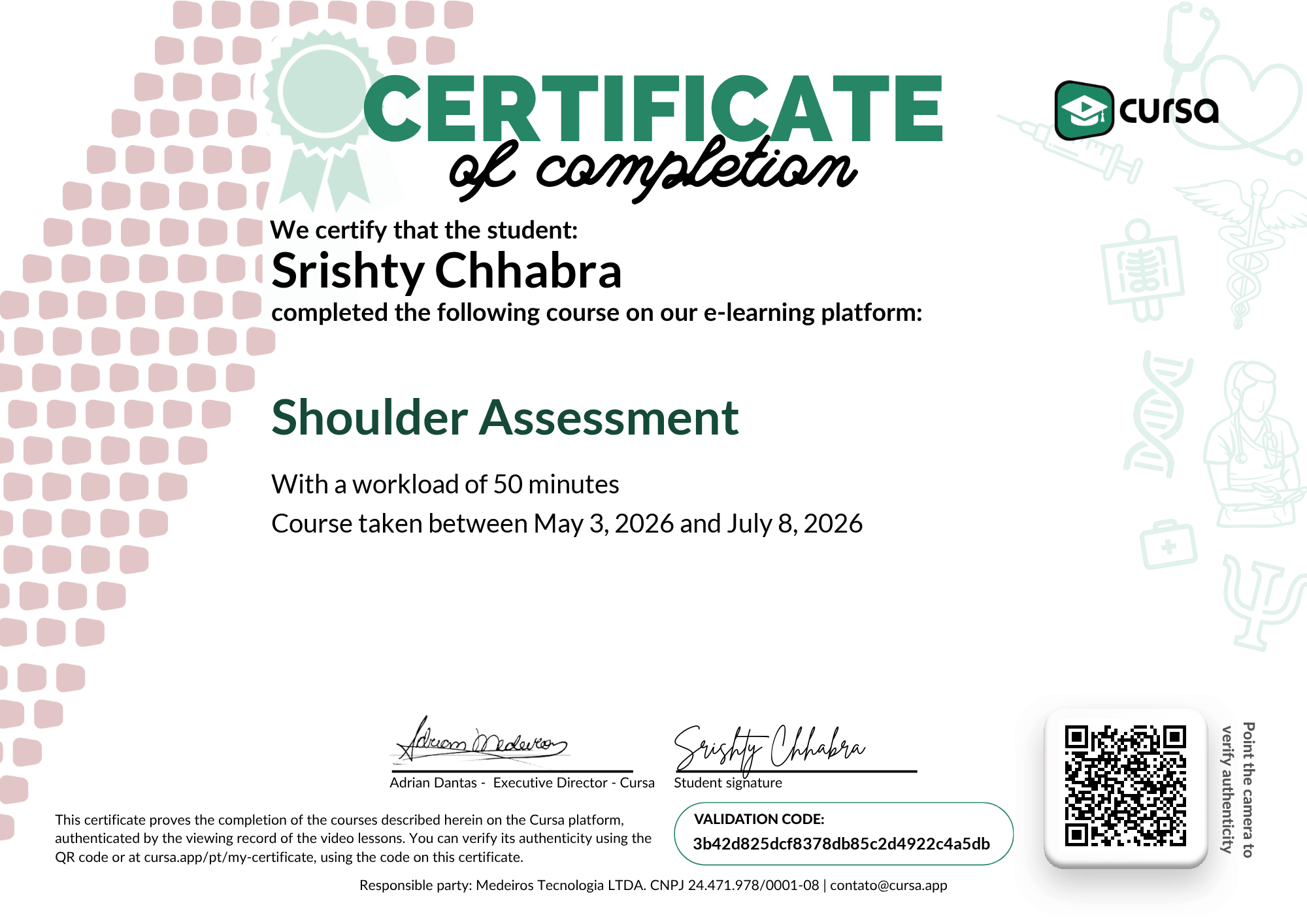 Image of my free Course Completion Certificate.