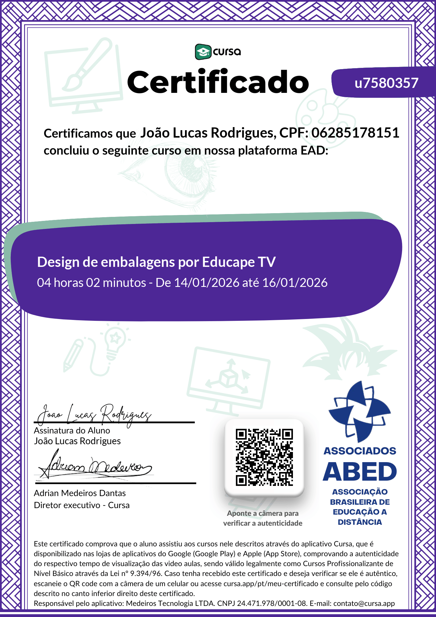 Imagem do meu Certificado gratuito de conclusão de curso.